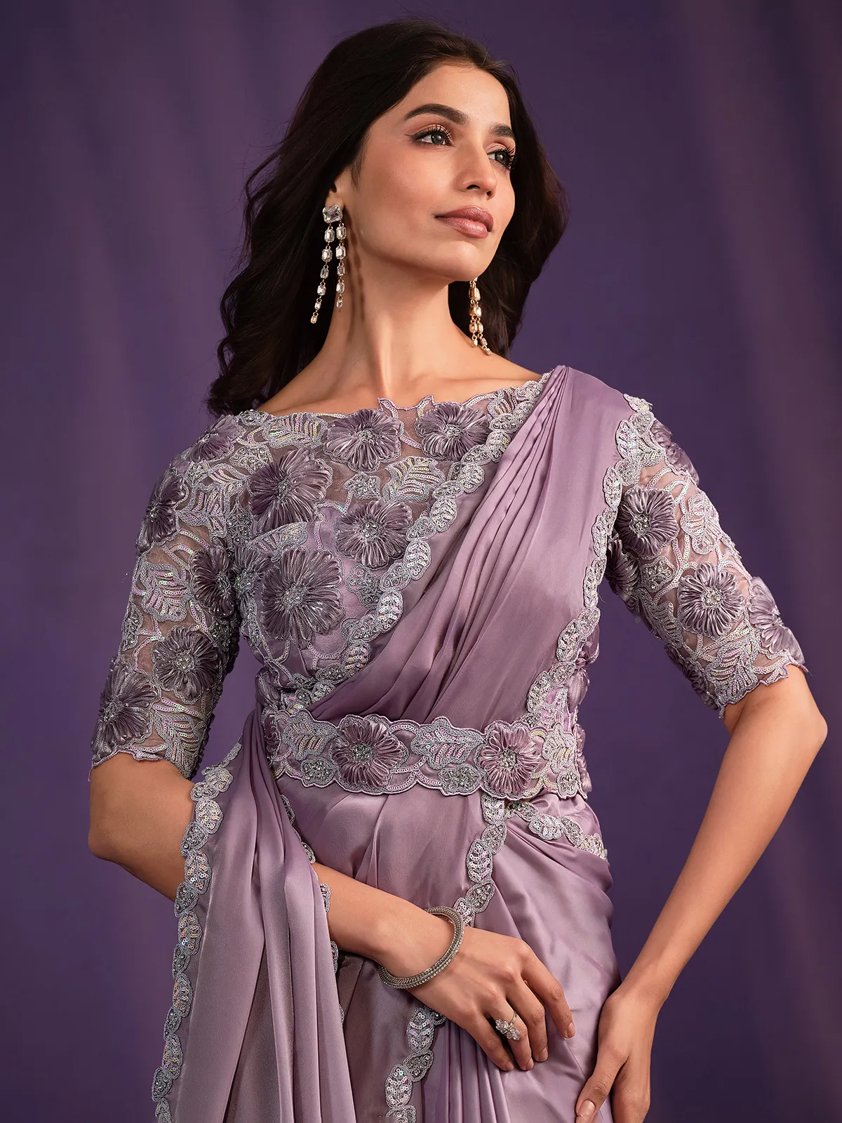 Latest lavender pre-stitched saree