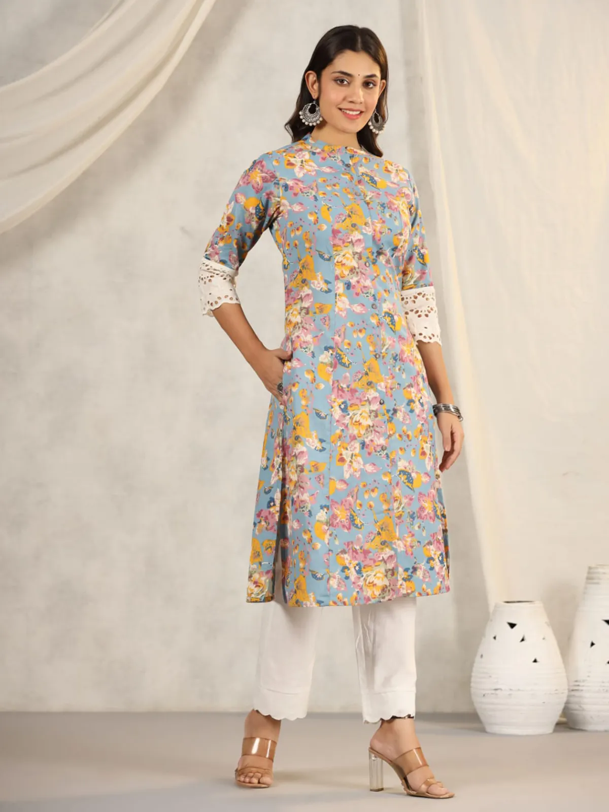 Latest light blue printed kurti in cotton