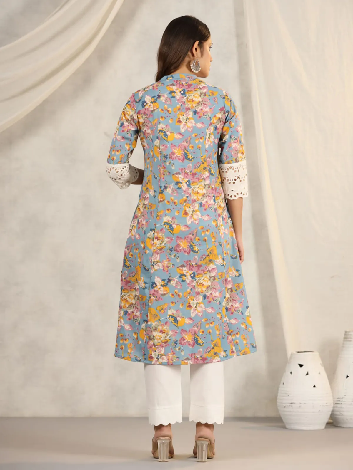 Latest light blue printed kurti in cotton