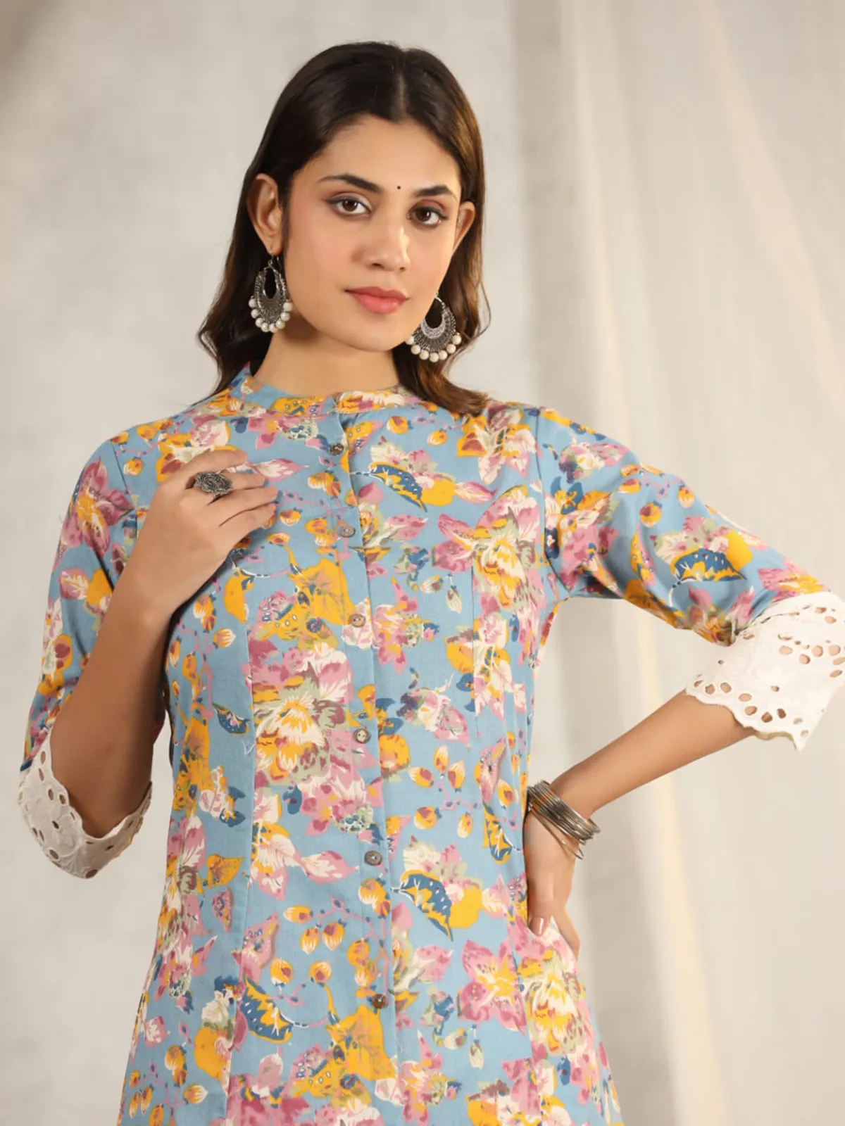 Latest light blue printed kurti in cotton