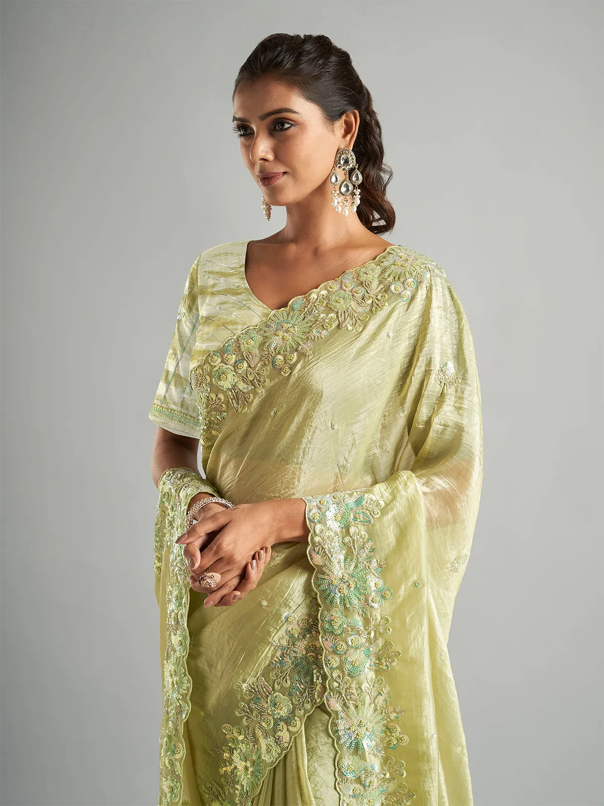 Latest light green tissue silk saree