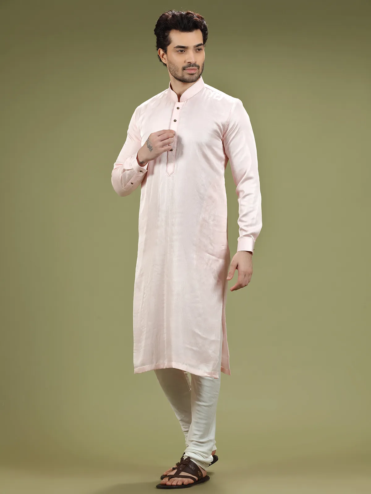 Latest light pink silk  Men Kurta pajama