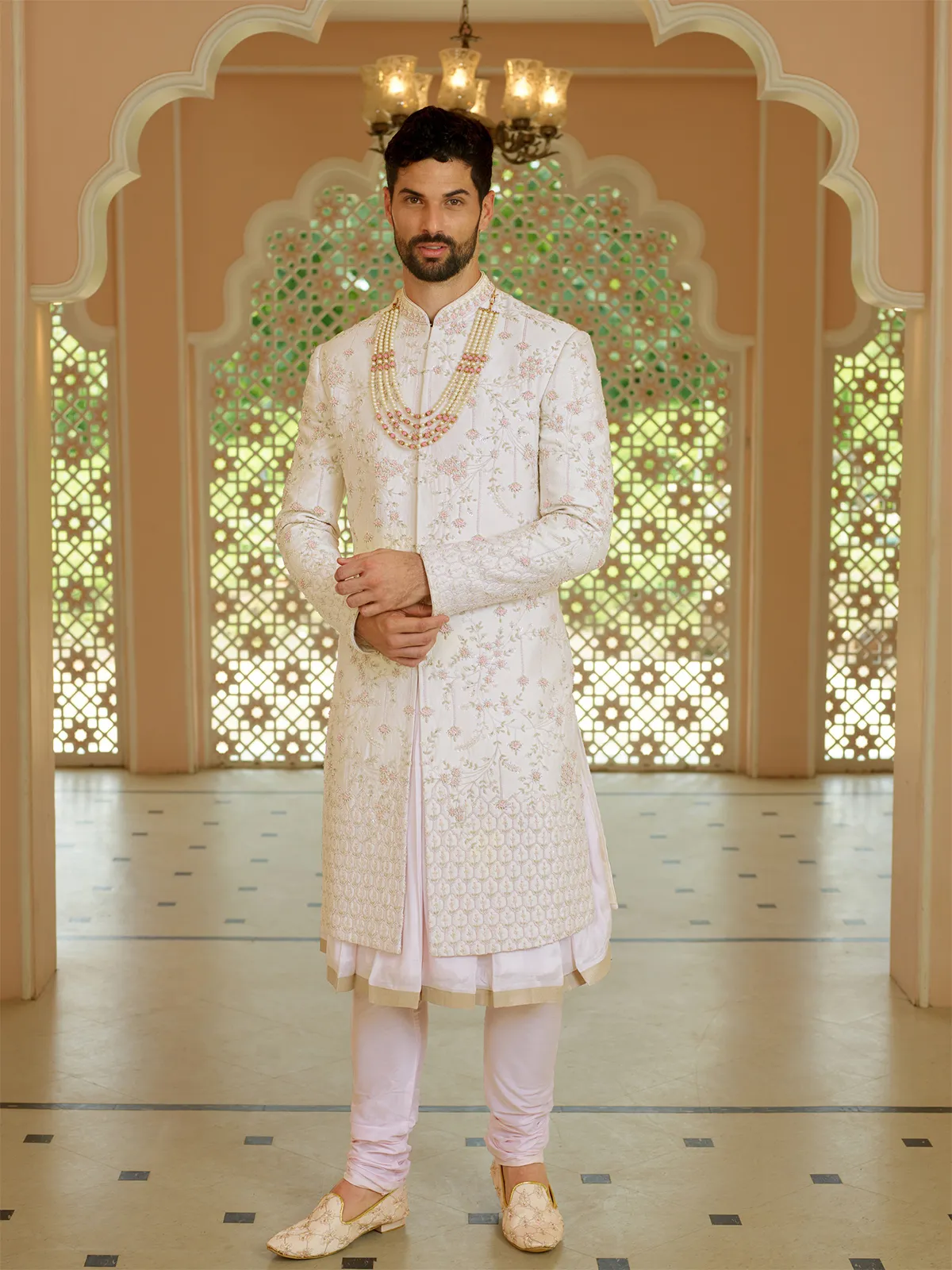 Latest light pink silk sherwani for groom