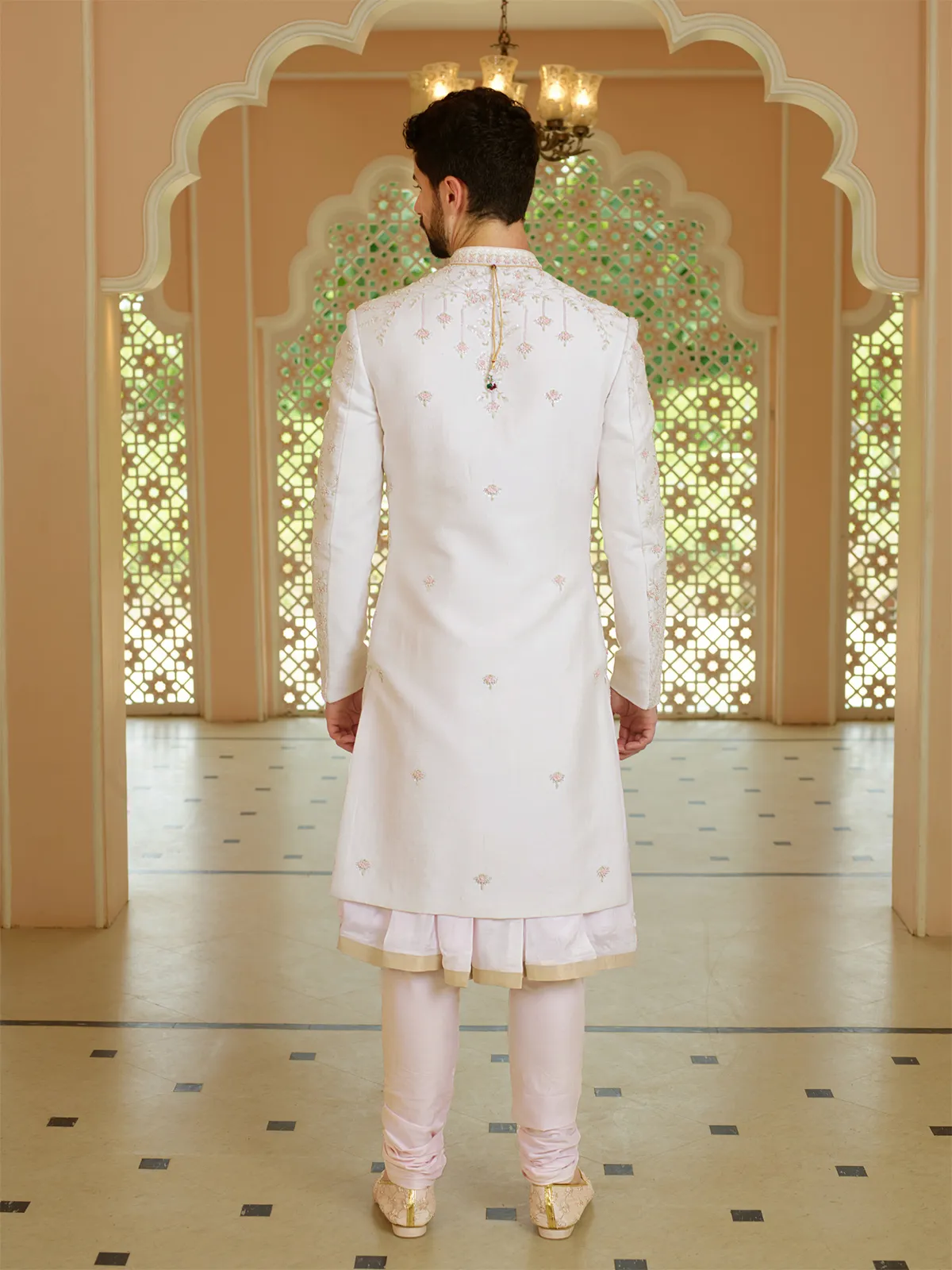 Latest light pink silk sherwani for groom