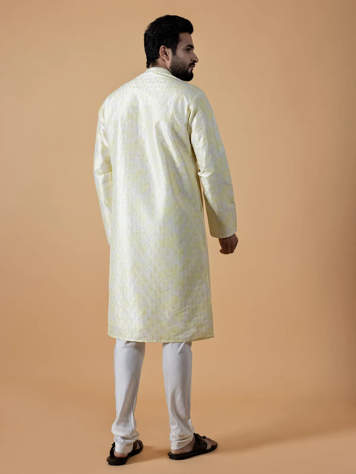 Latest light yellow silk printed kurta suit