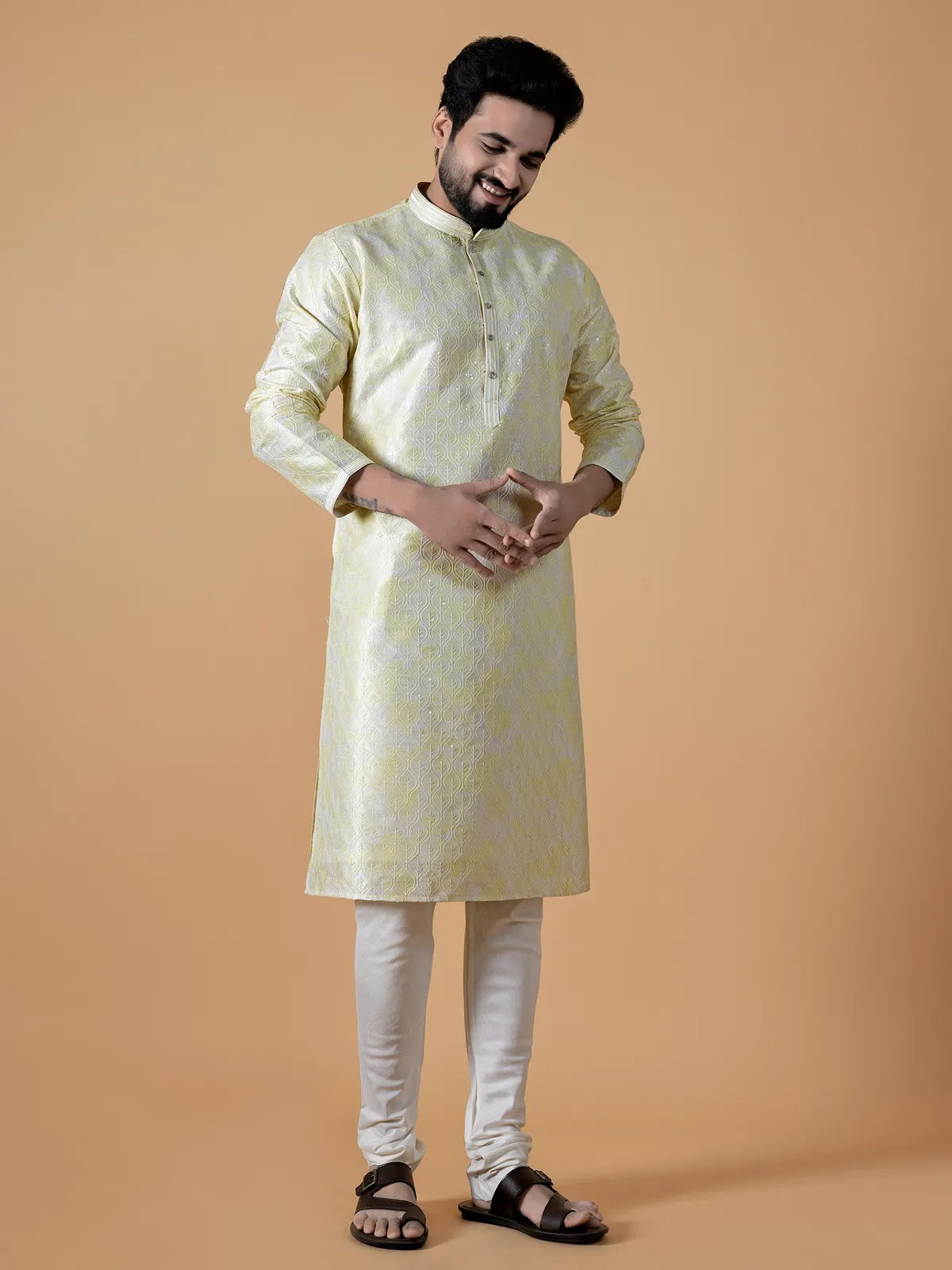 Latest light yellow silk printed  Men Kurta pajama