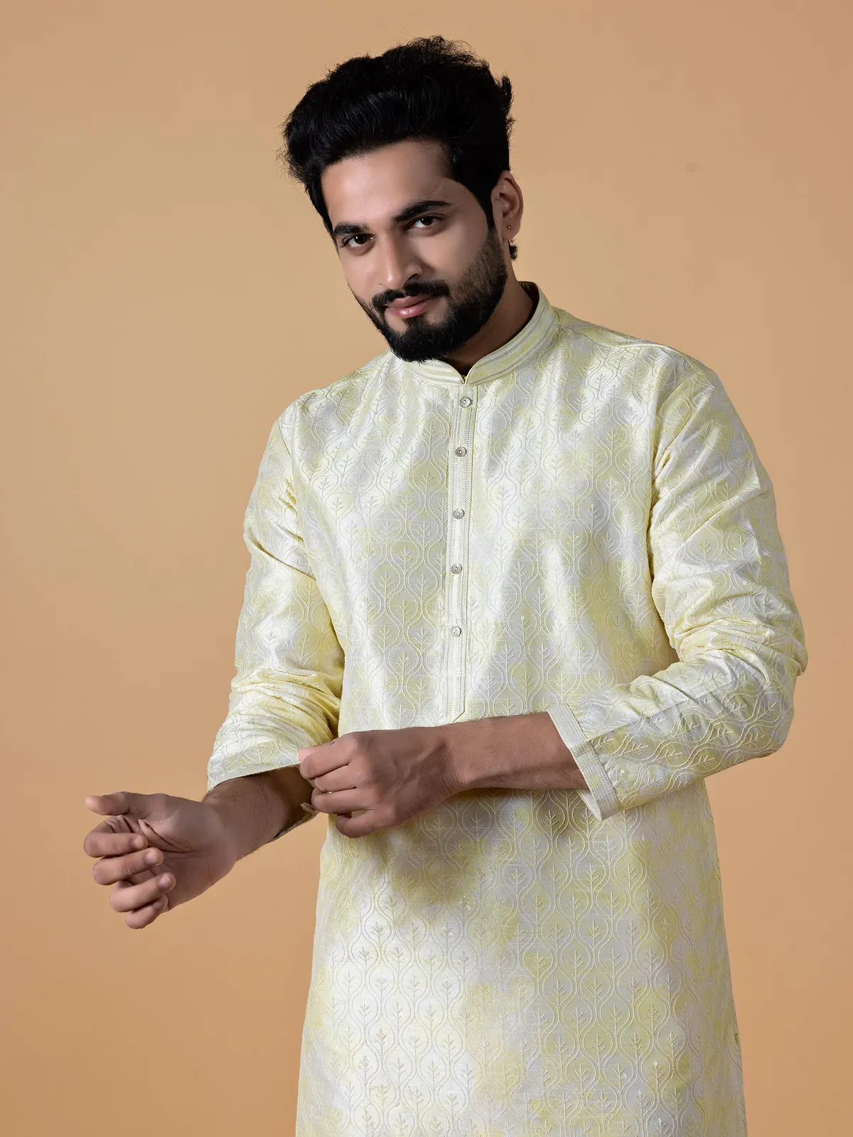 Latest light yellow silk printed  Men Kurta pajama