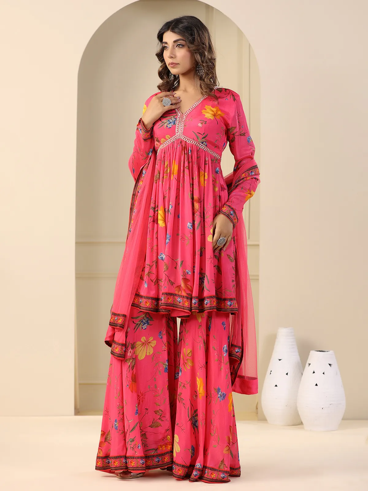 Latest magenta silk sharara set