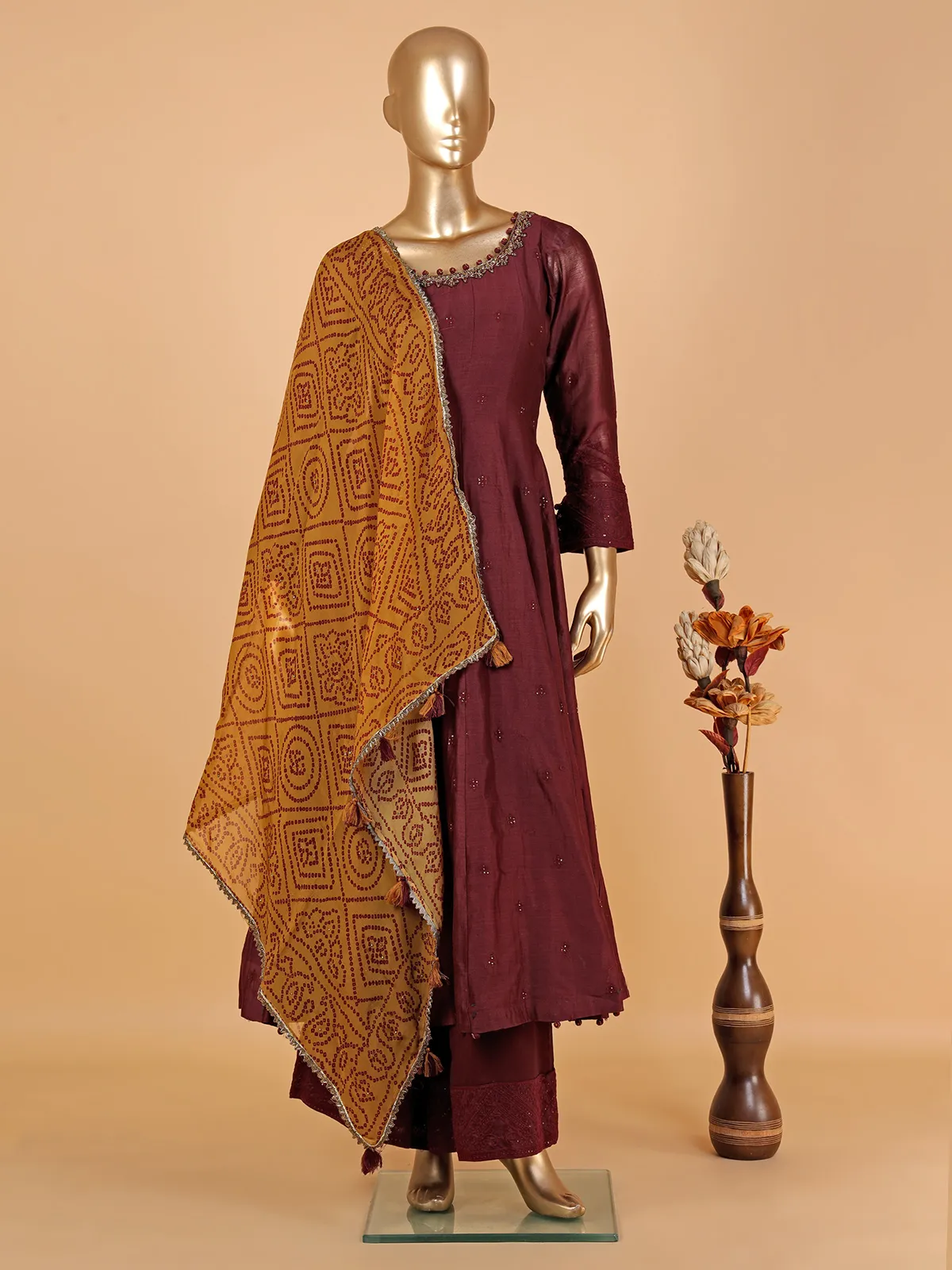 Latest maroon silk palazzo suit