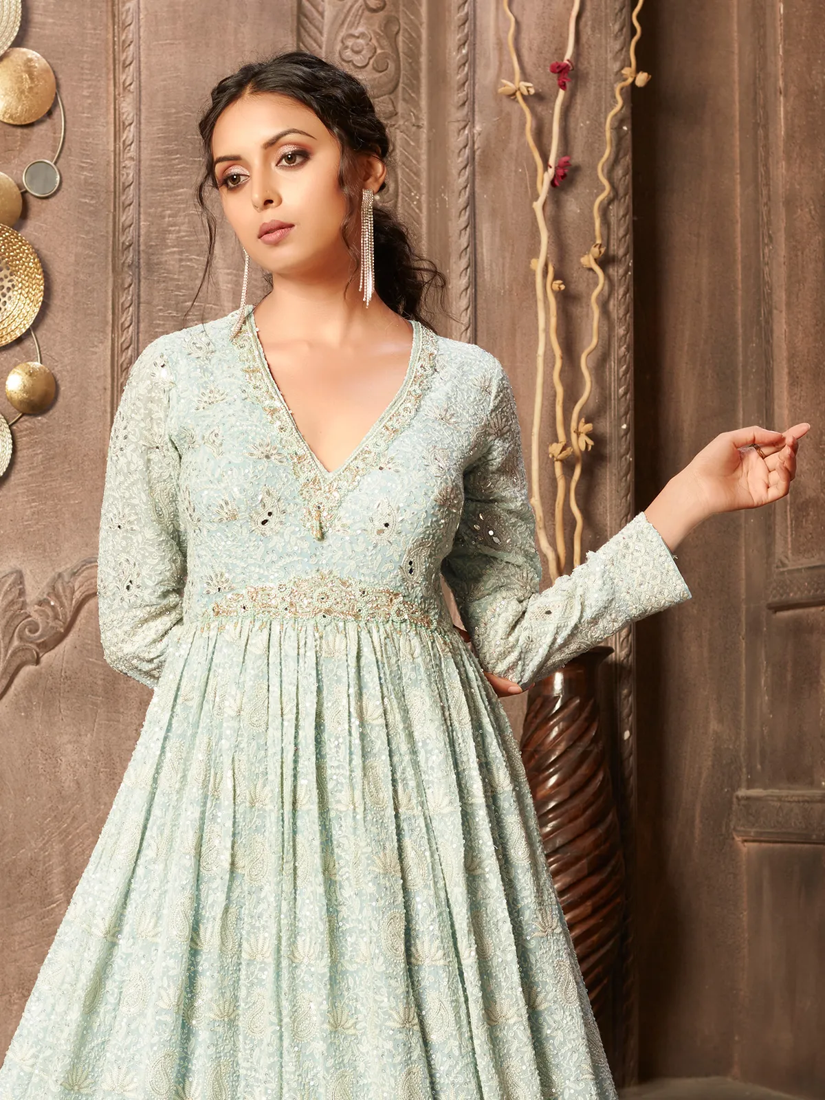 Latest mint green georgette gown