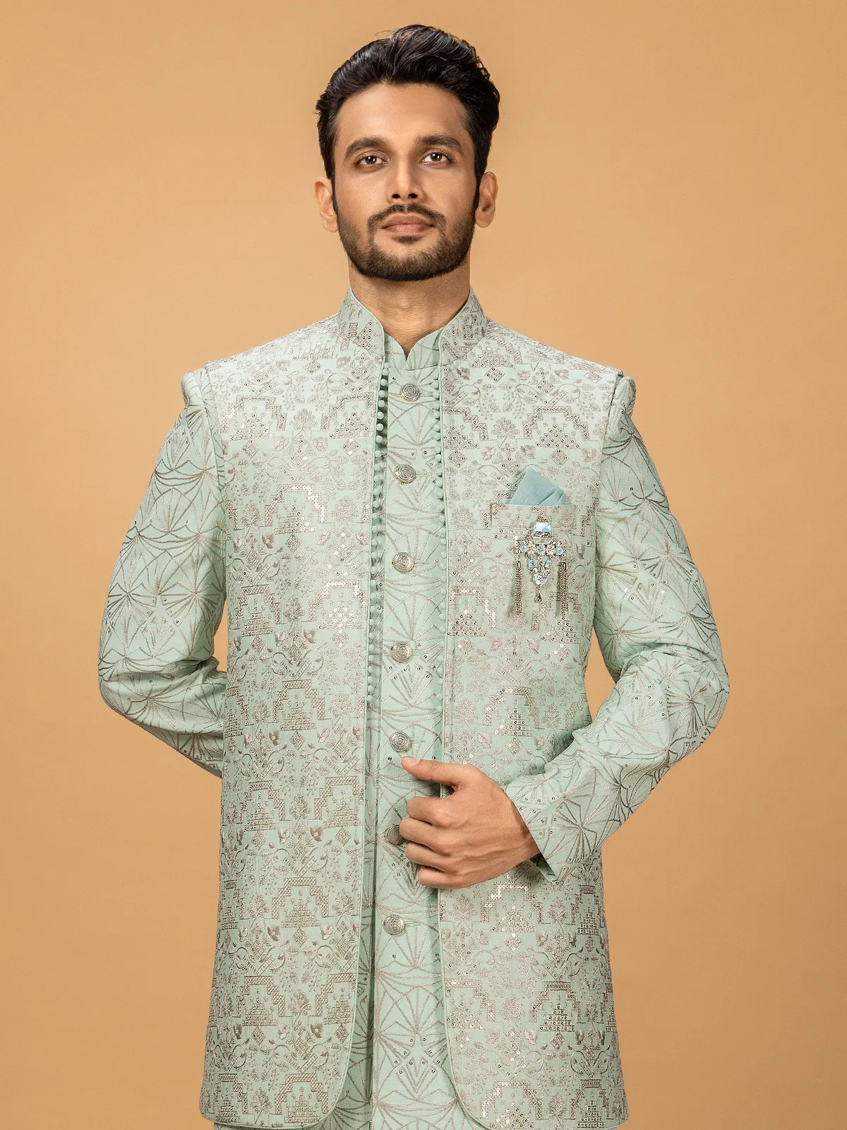 Latest mint green silk indowestern