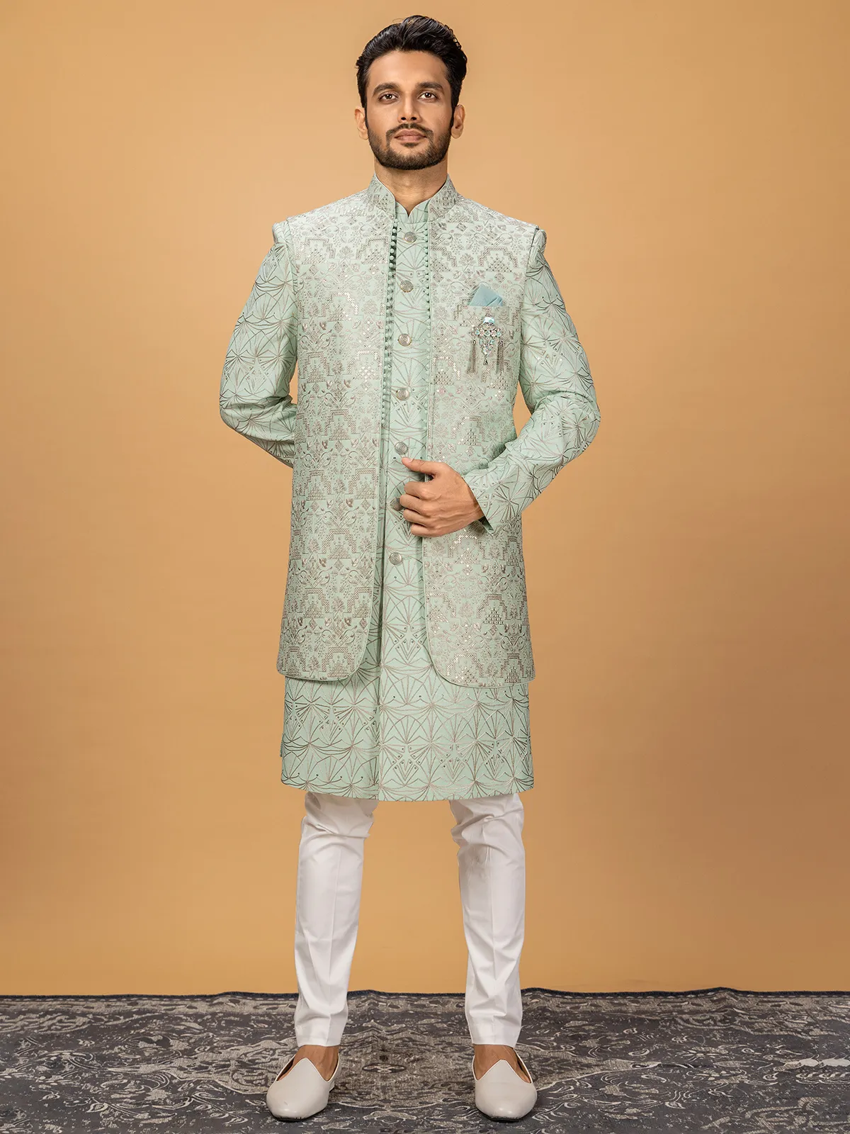 Latest mint green silk indowestern