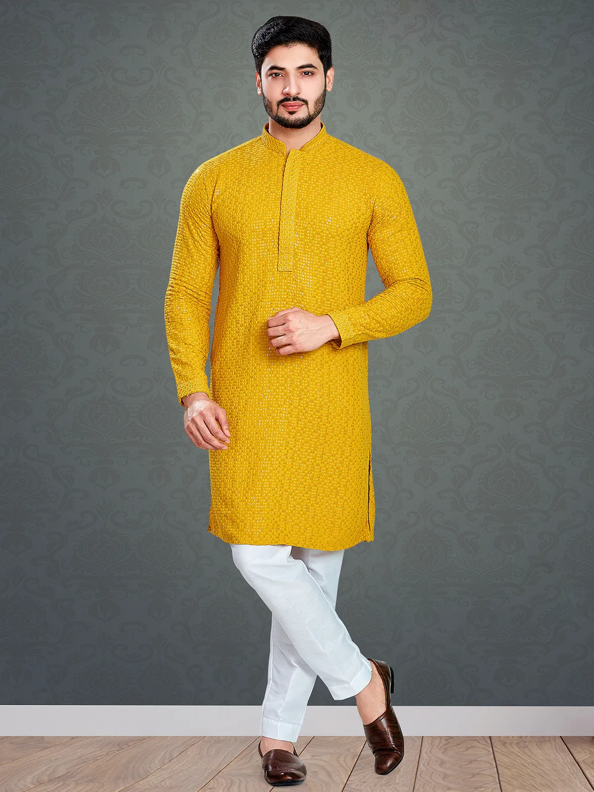 Latest mustard yellow embroidery cotton  Men Kurta pajama