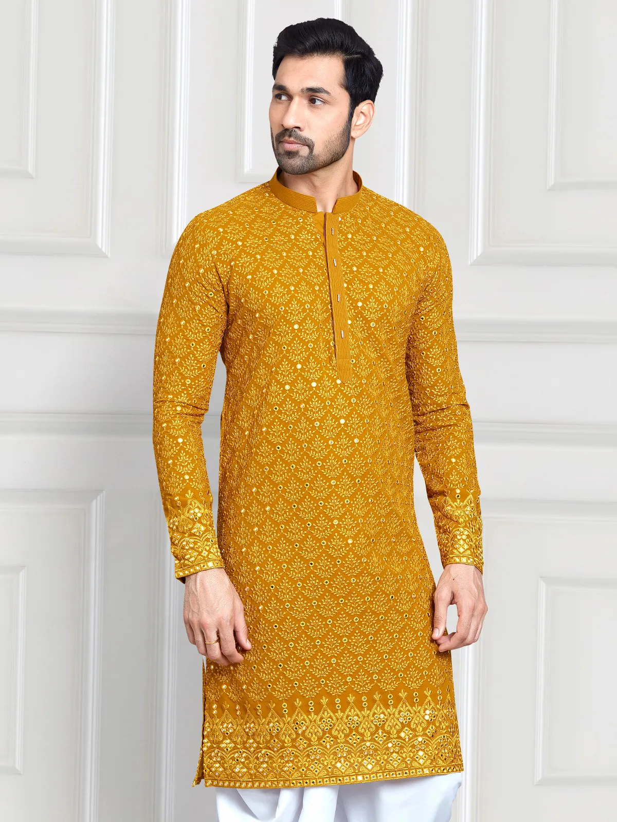 Latest mustard yellow embroidery  Men Kurta pajama