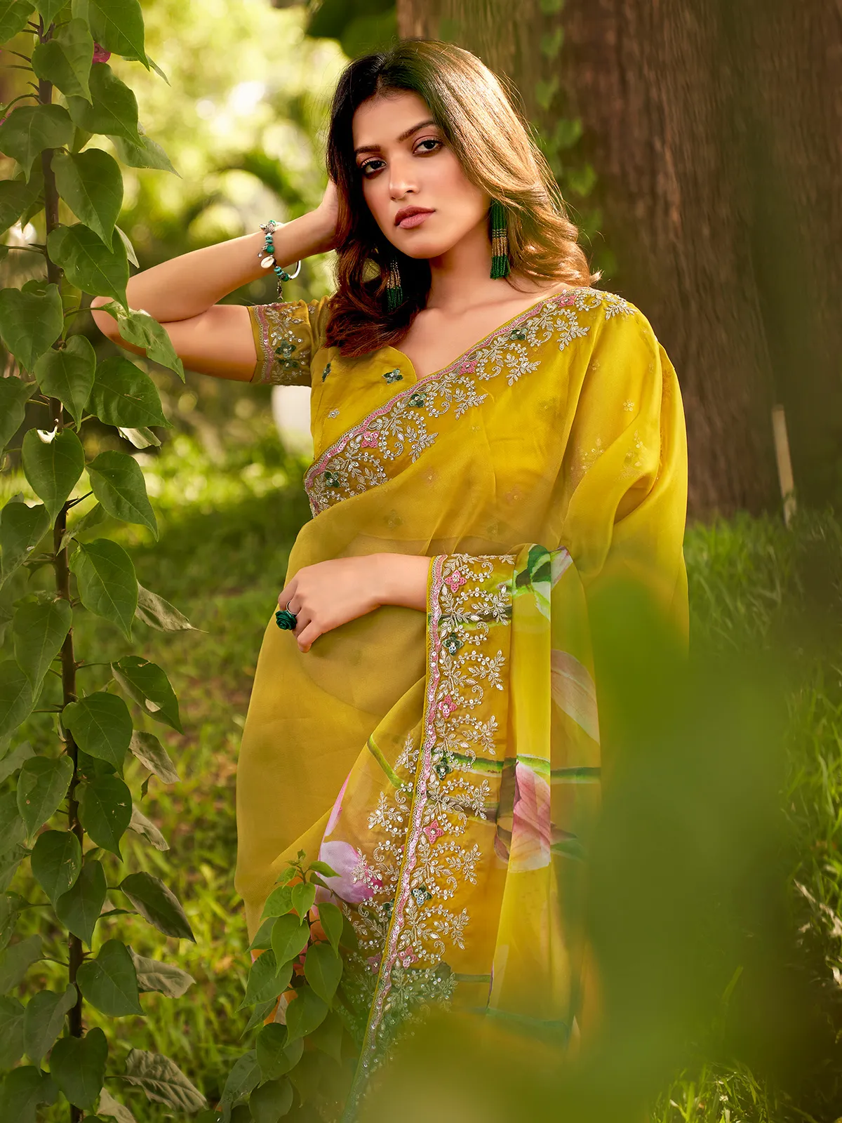 Latest mustard yellow floral printed saree