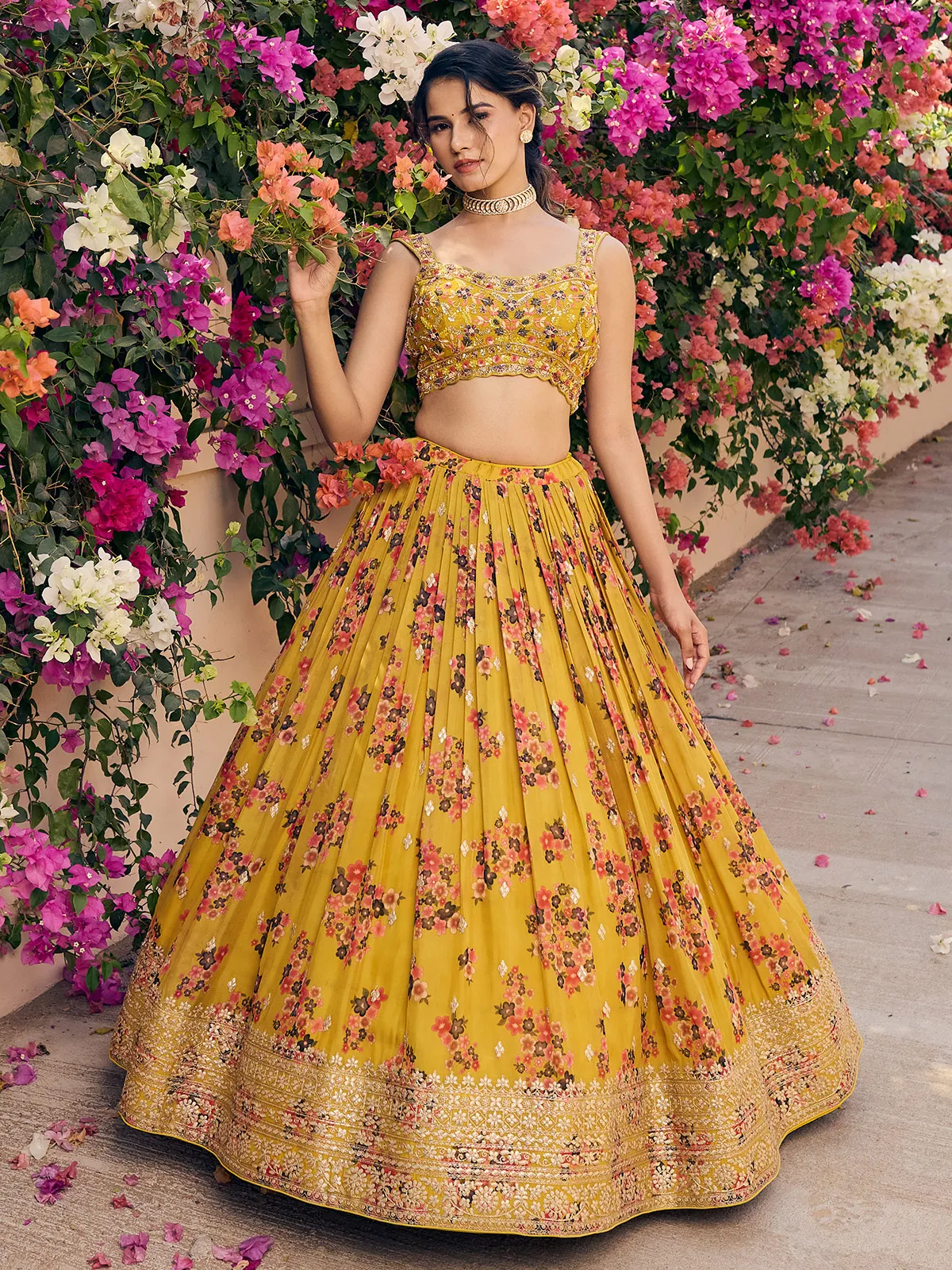 Latest mustard yellow printed lehenga choli