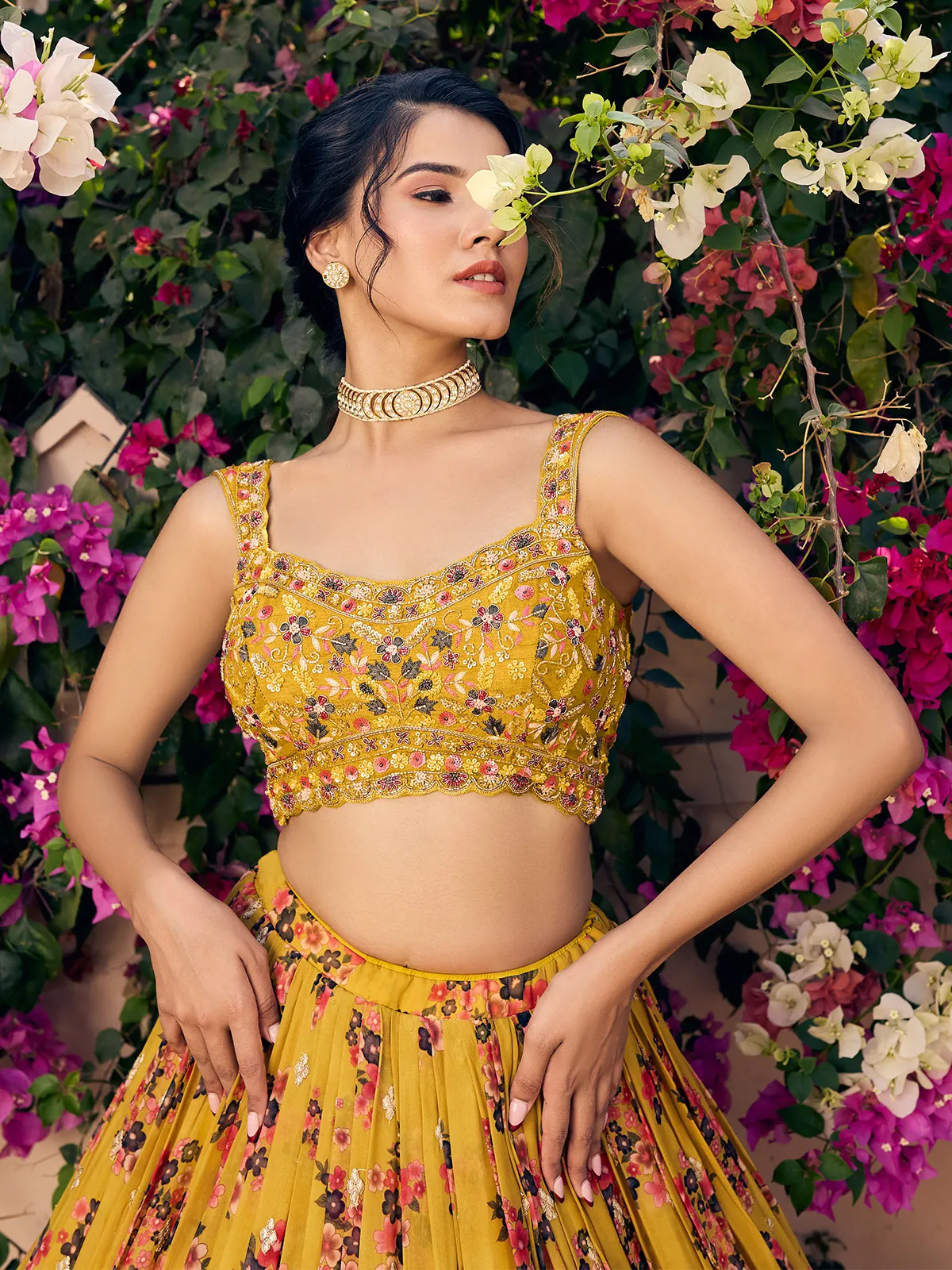 Latest mustard yellow printed lehenga choli