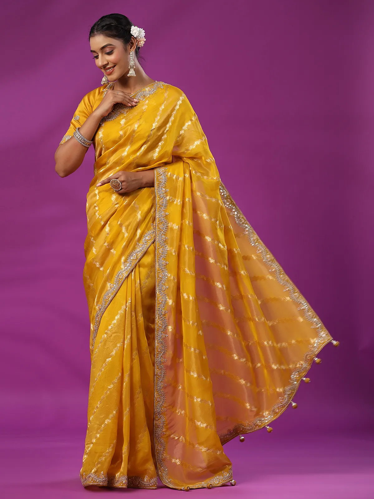 Latest mustard yellow silk saree for wedding