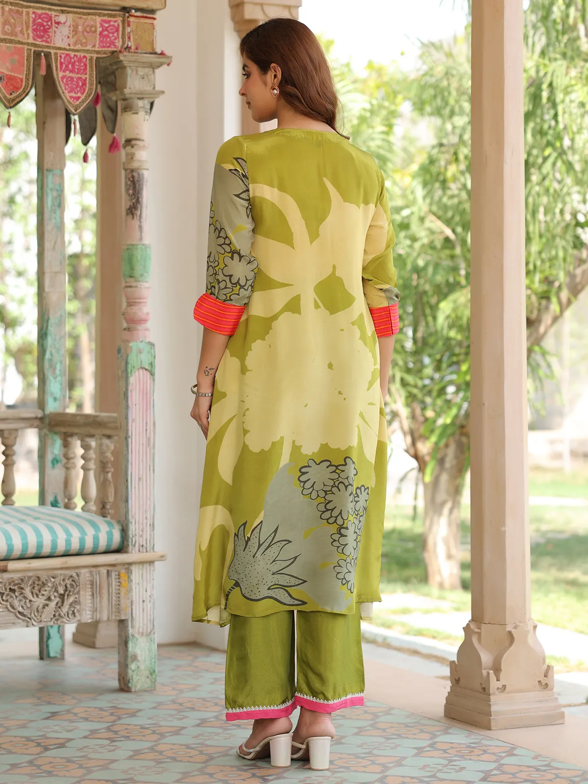 Latest olive printed rayon cotton kurti set