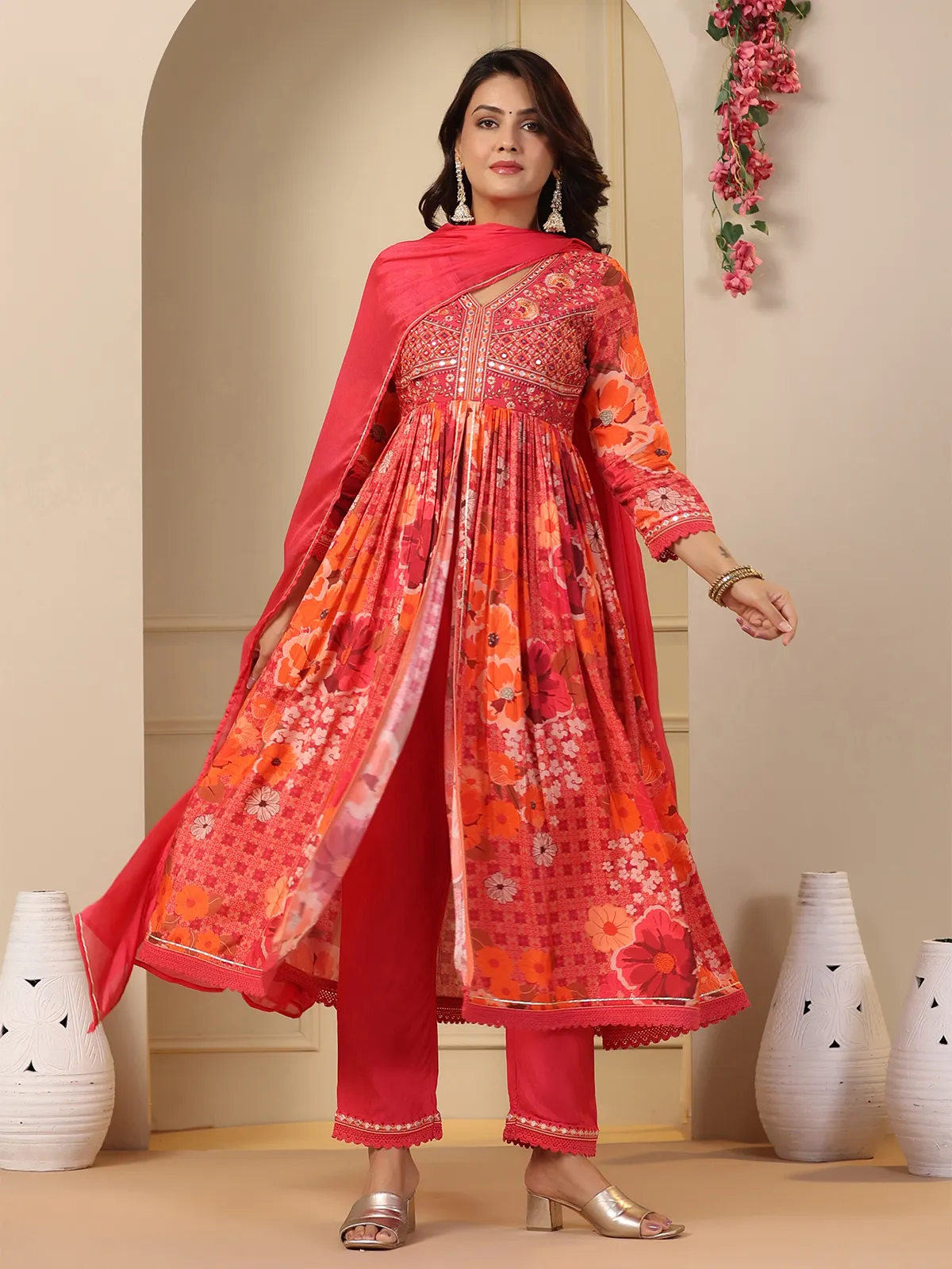 Latest orange cotton kurti set with dupatta