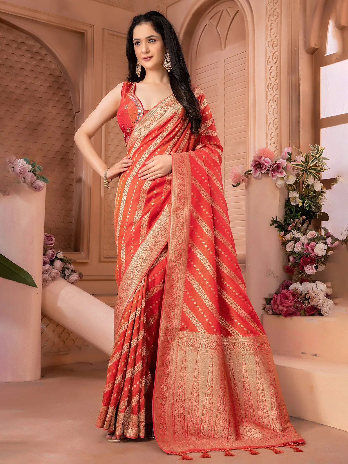 Latest orange tissue silk saree