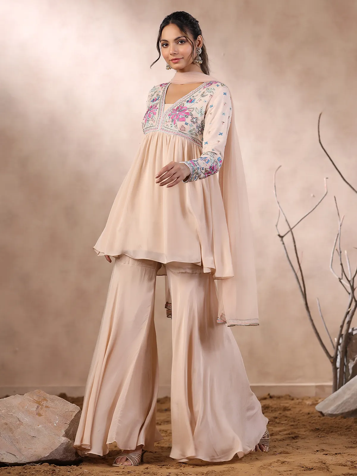 Latest peach georgette sharara suit with dupatta