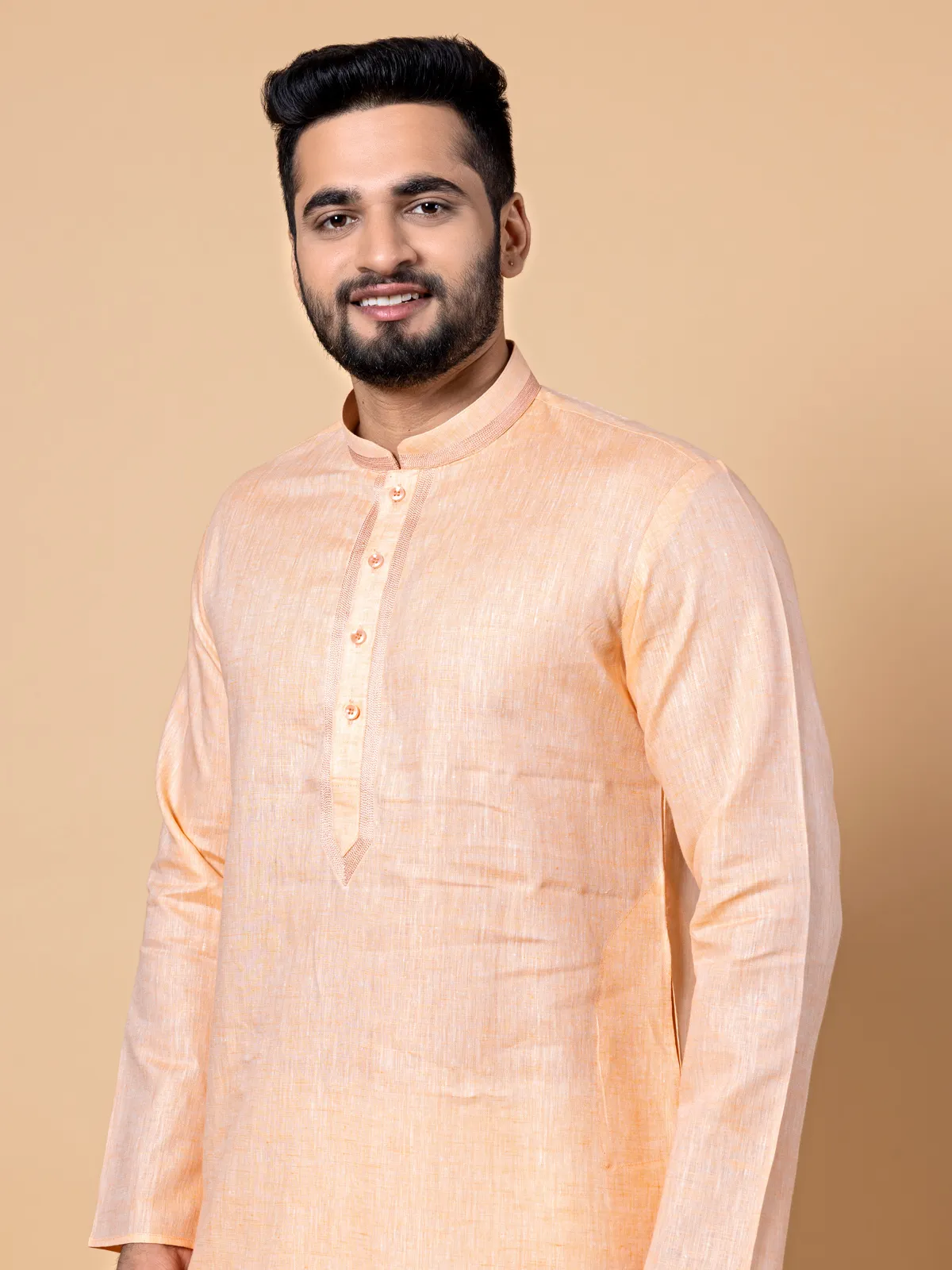 Latest peach plain linen kurta set