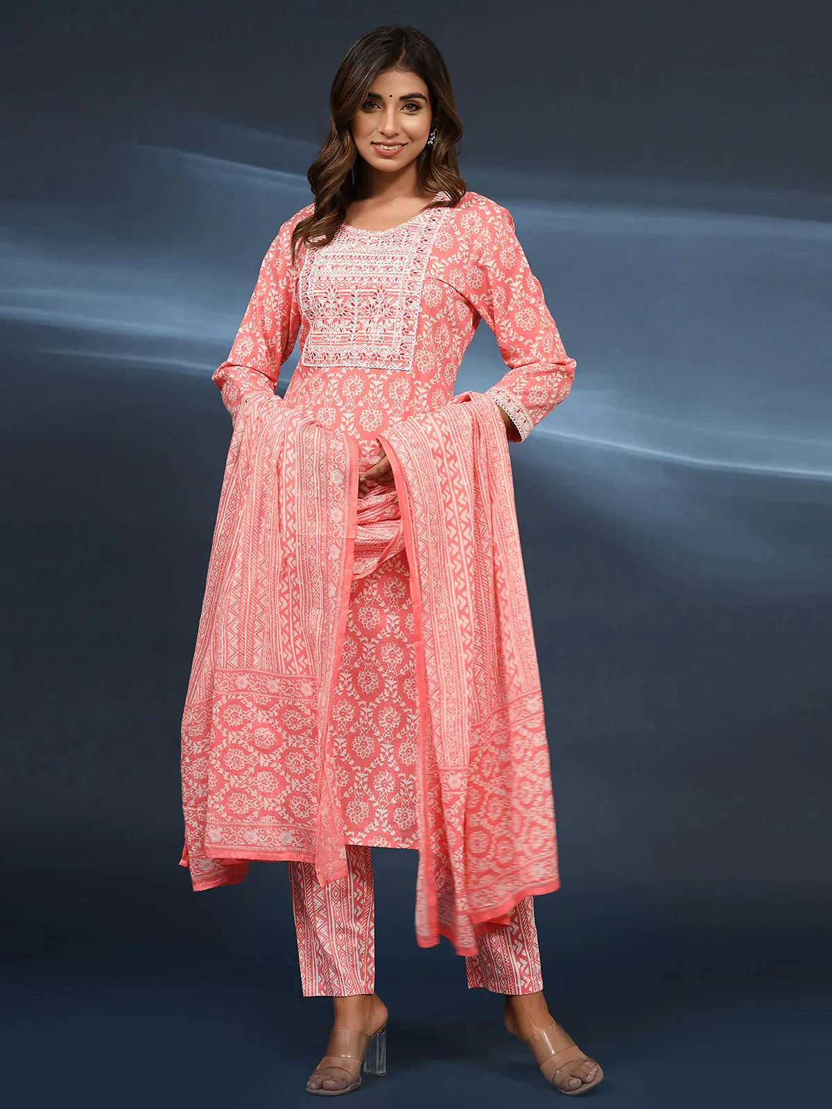 Latest peach printed embroidery kurti set