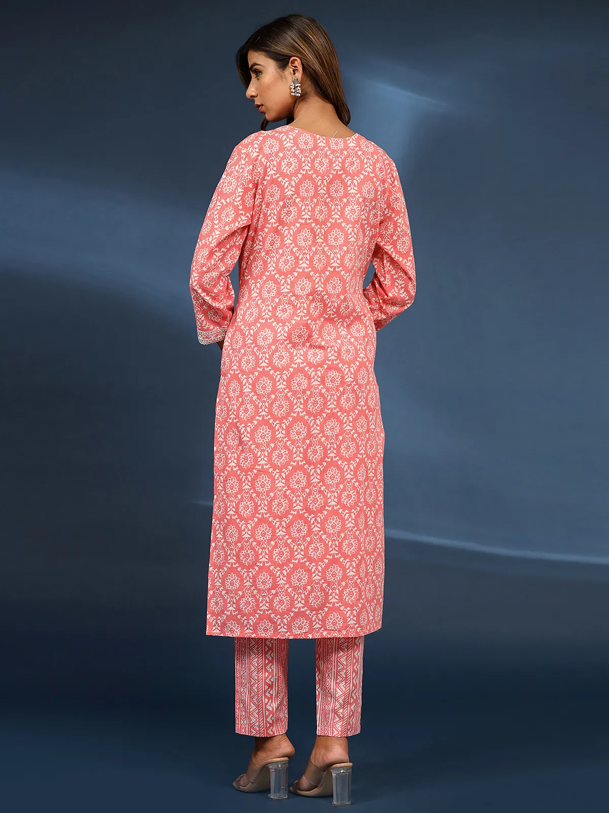 Latest peach printed embroidery kurti set