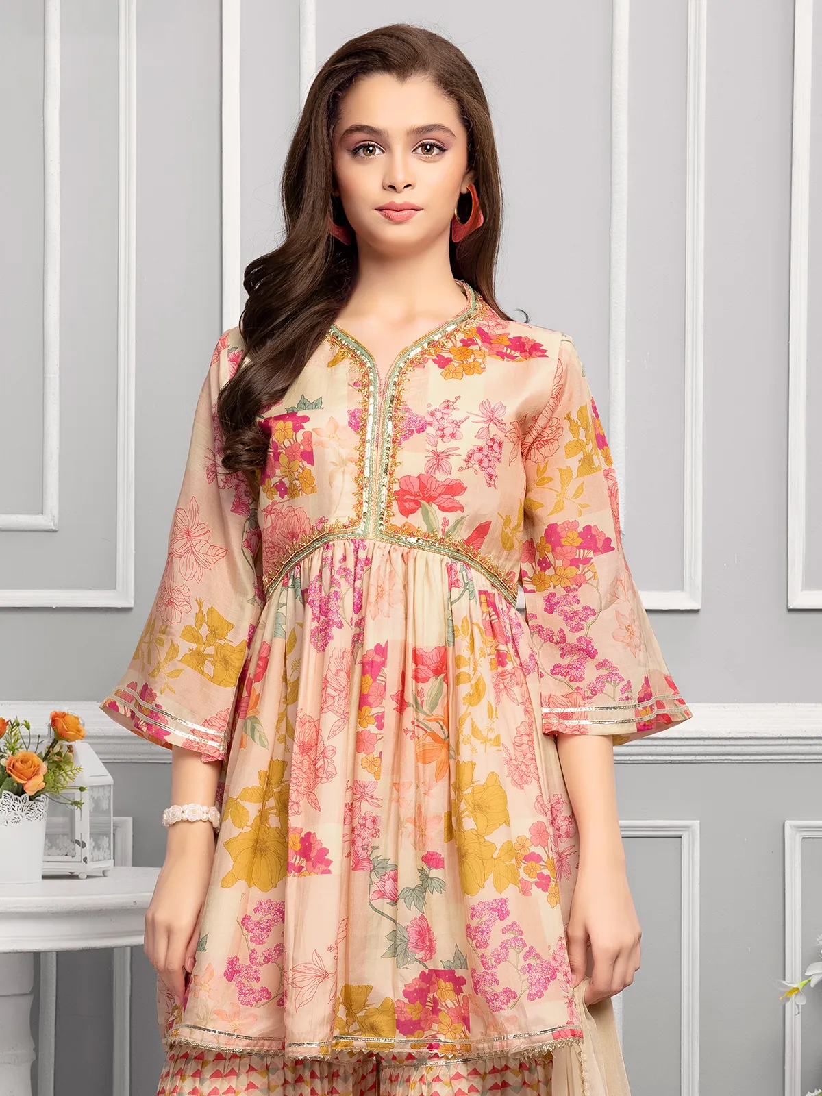 Latest peach silk printed sharara set