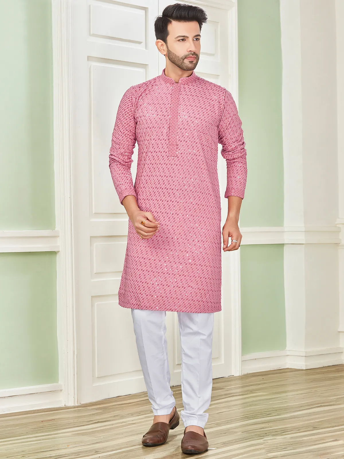 Latest pink cotton embroidery  Men Kurta pajama