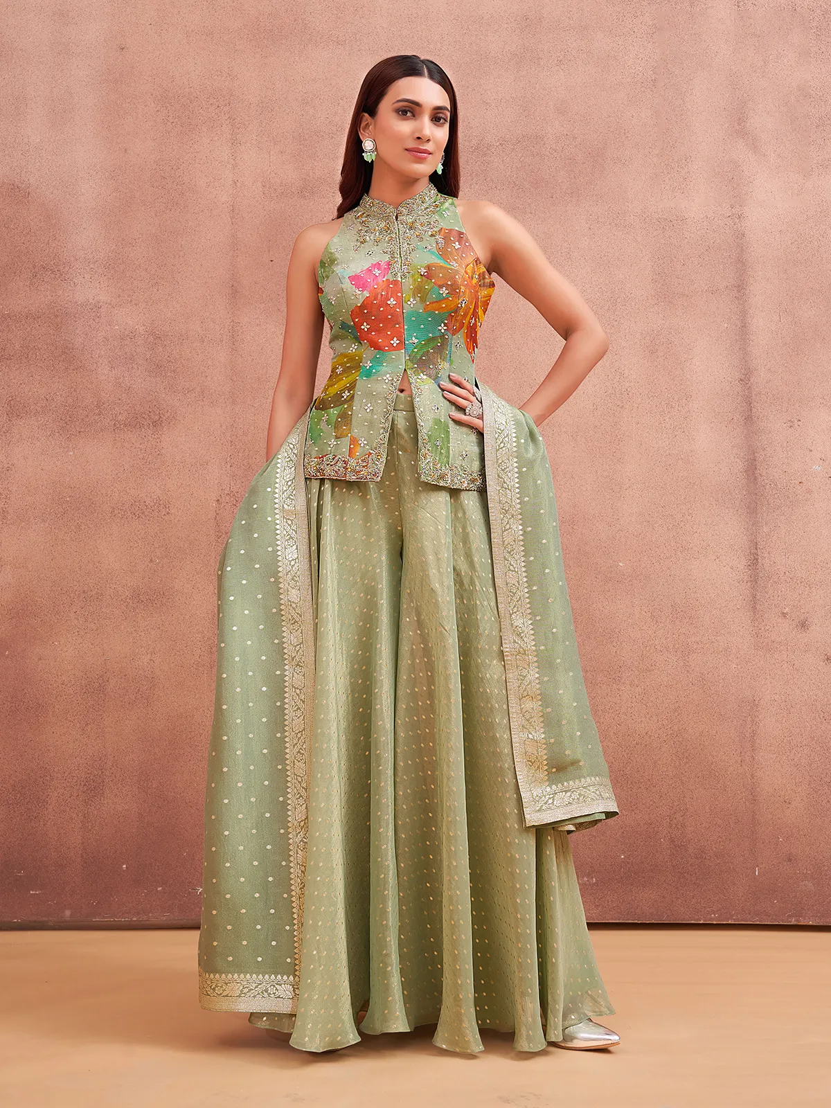 Latest pista green silk palazzo salwar suit for wedding