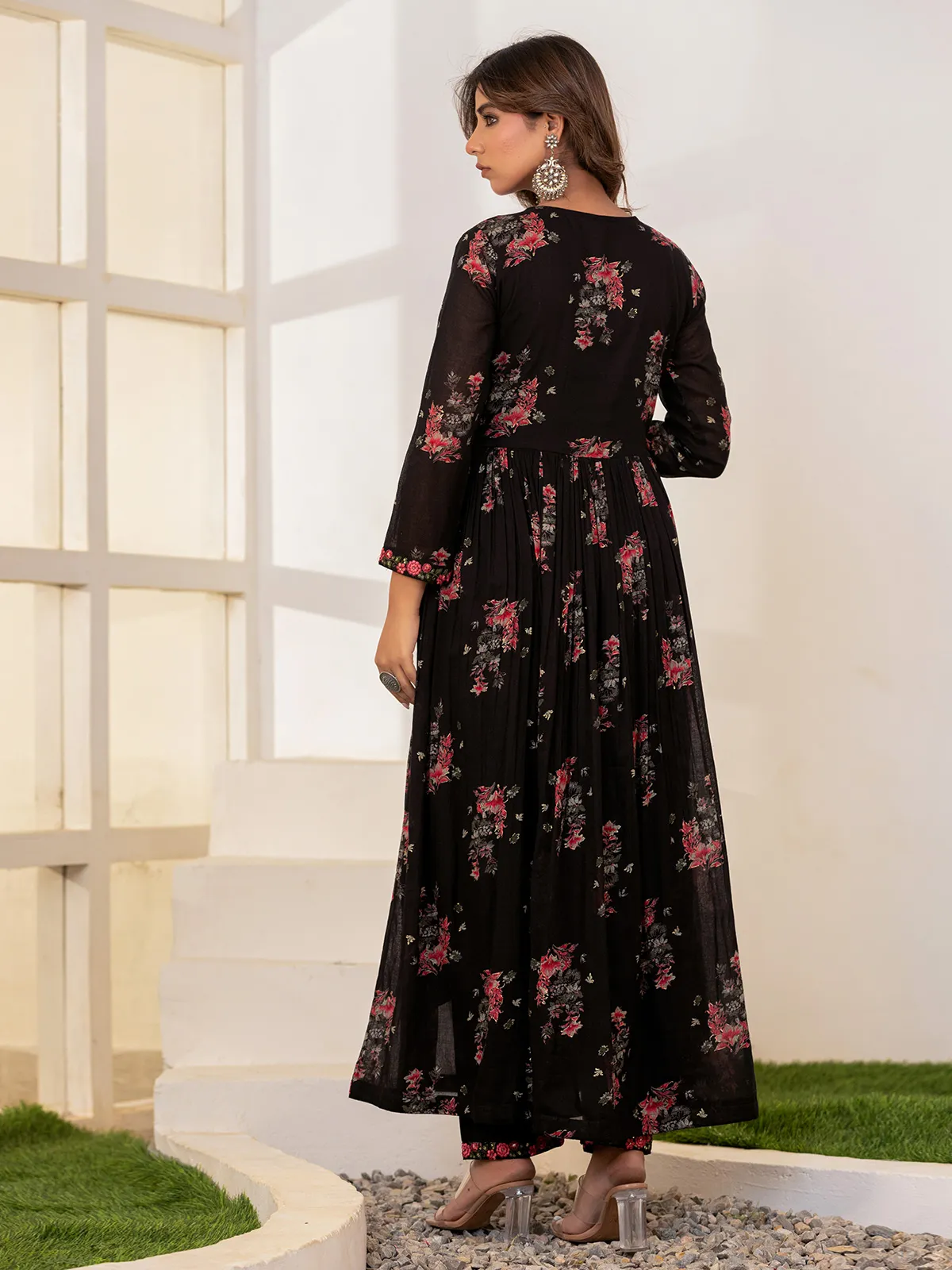 Latest printed black cotton kurti set