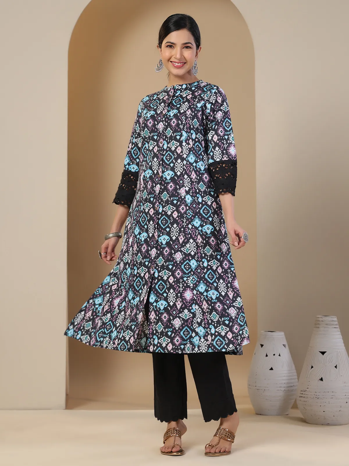 Latest printed black kurti in cotton