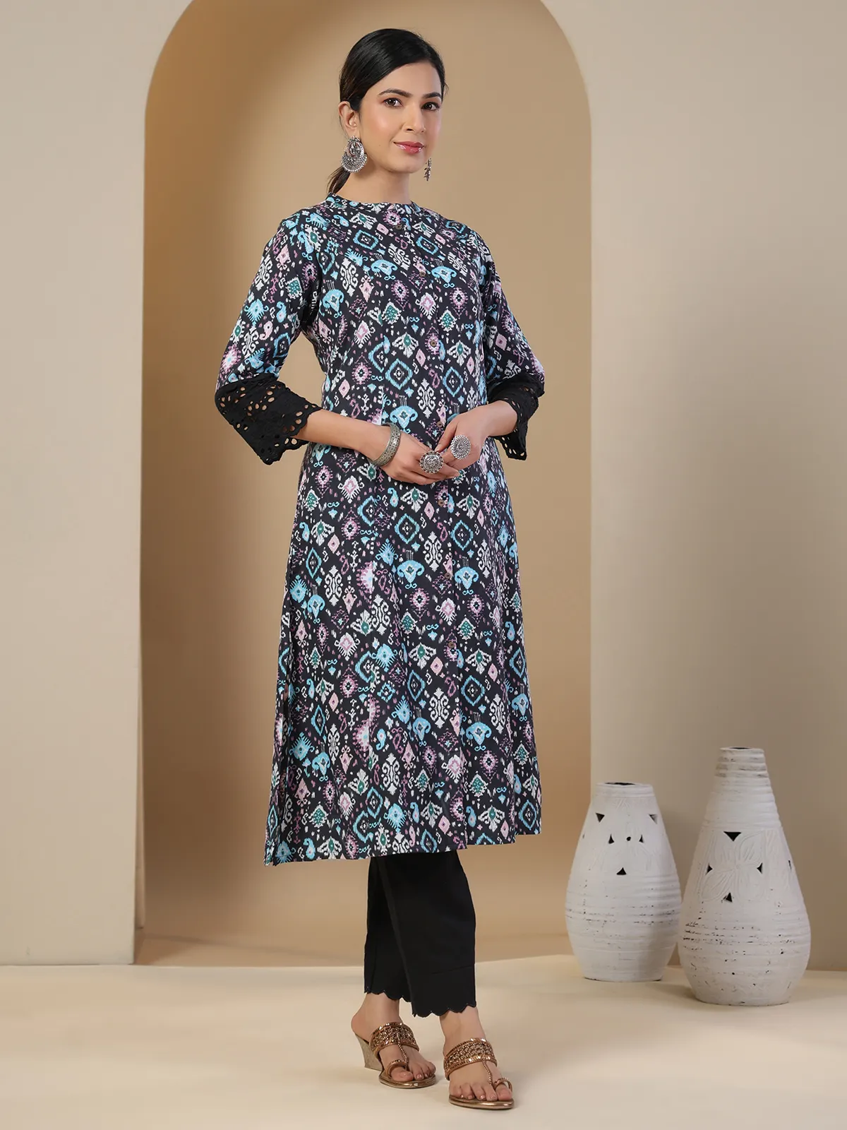 Latest printed black kurti in cotton