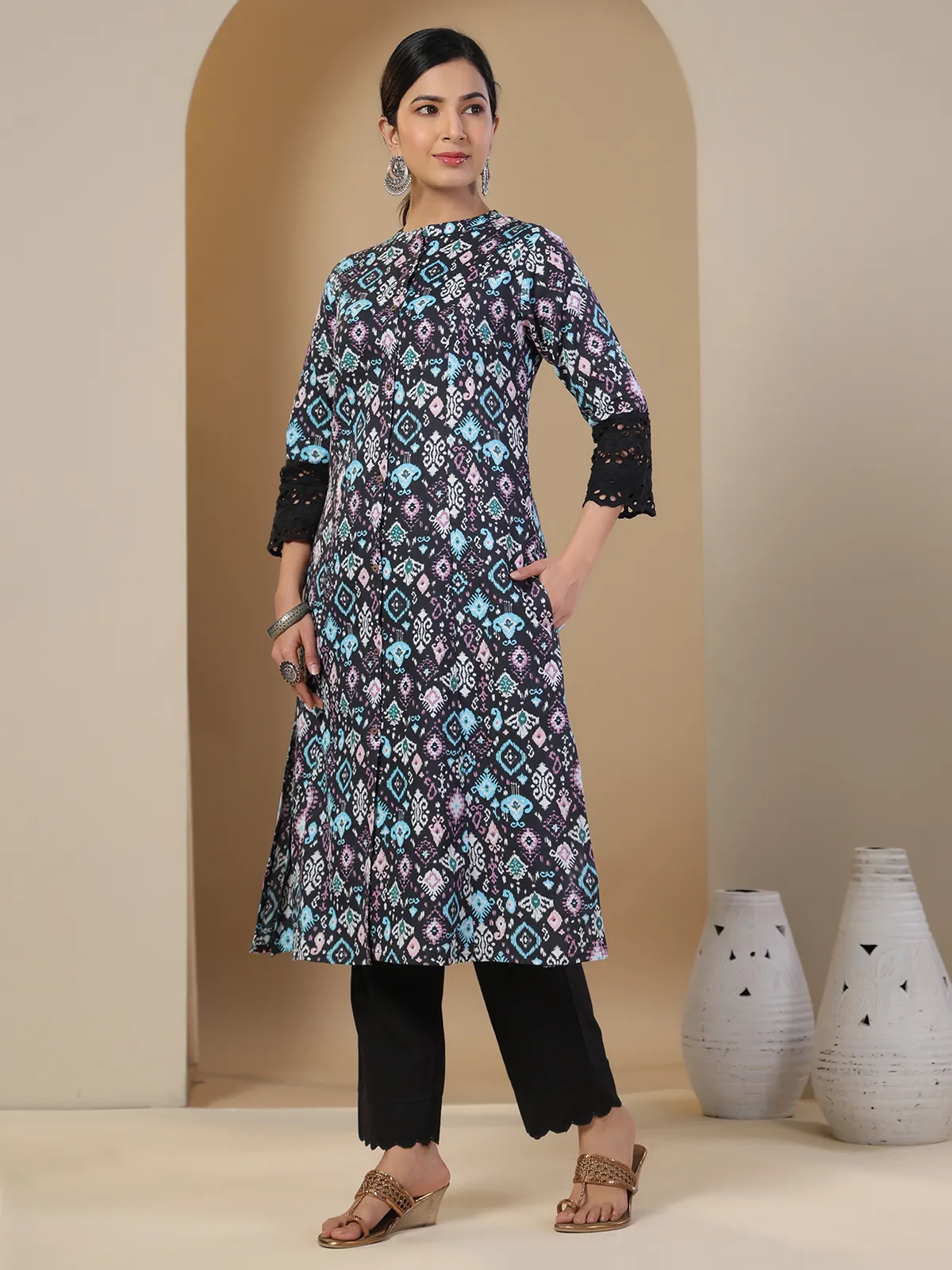 Latest printed black kurti in cotton