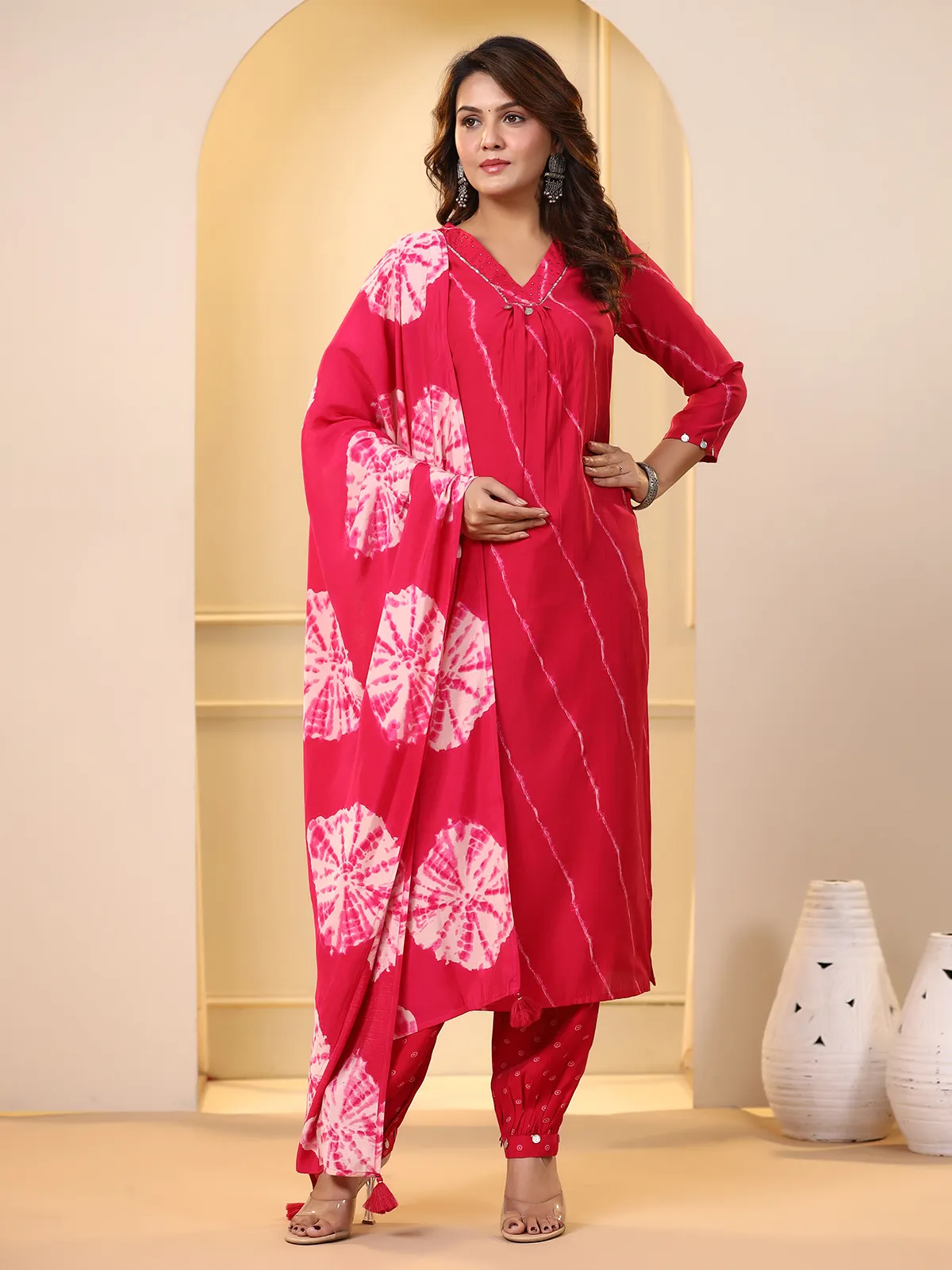 Latest printed magenta kurti set