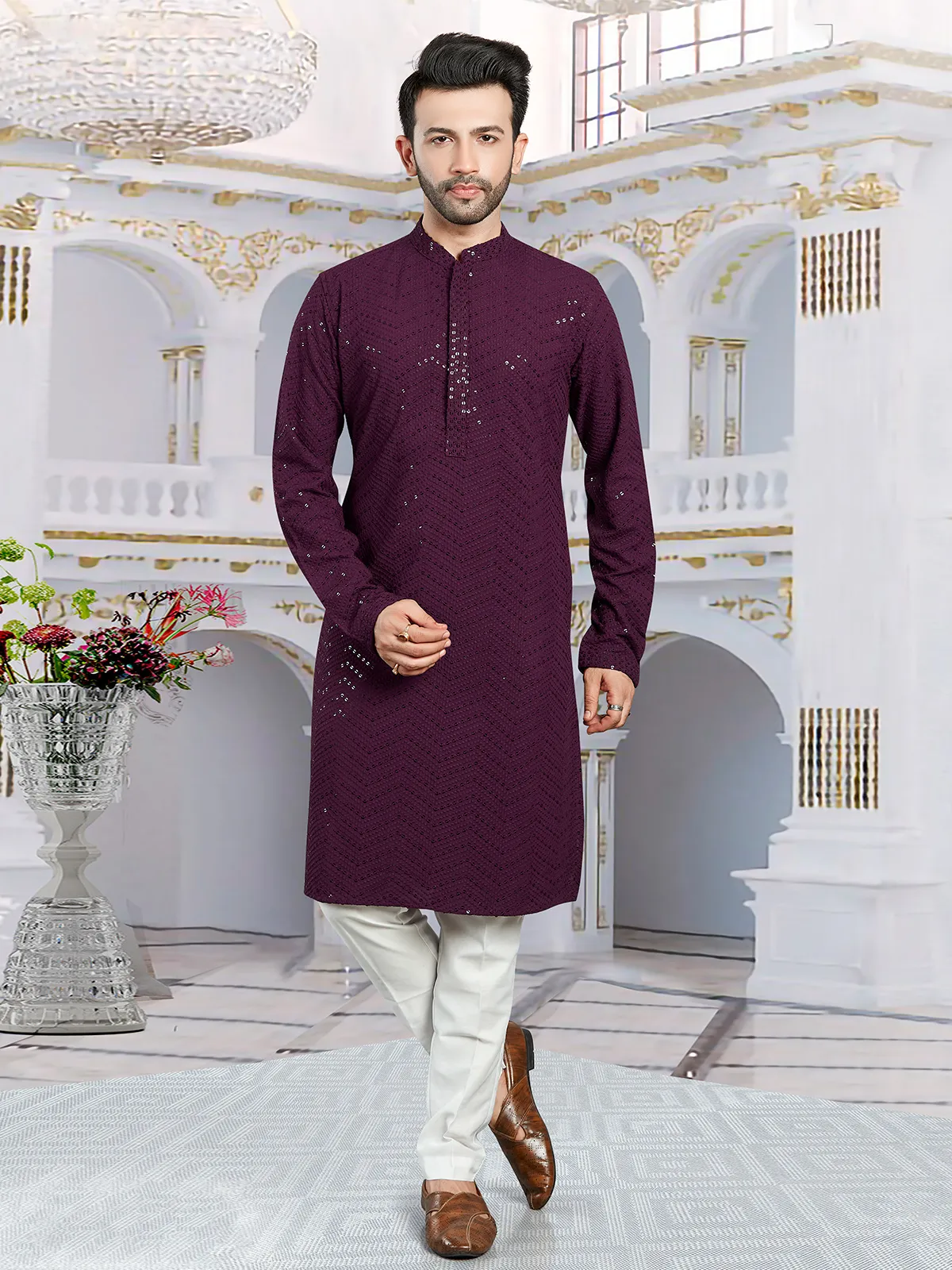 Latest purple georgette embroidery  Men Kurta pajama