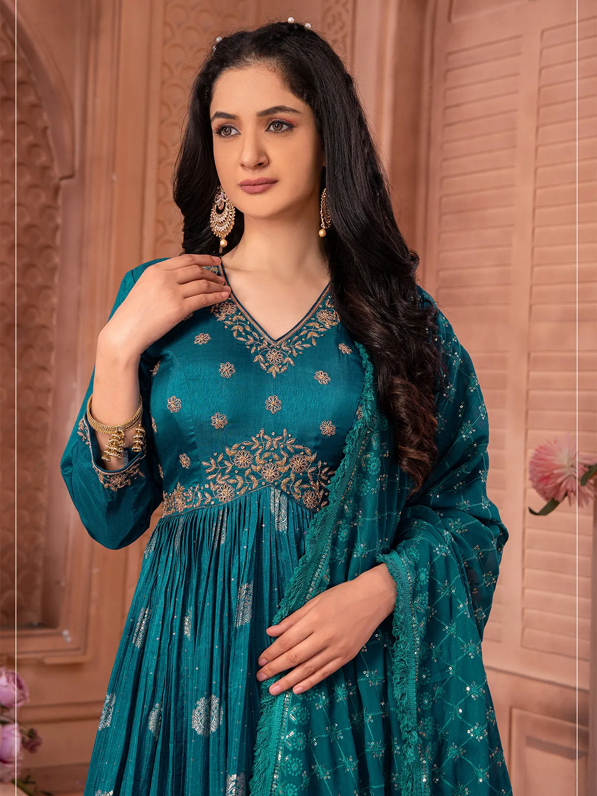 Latest rama blue banarasi silk anarkali suit