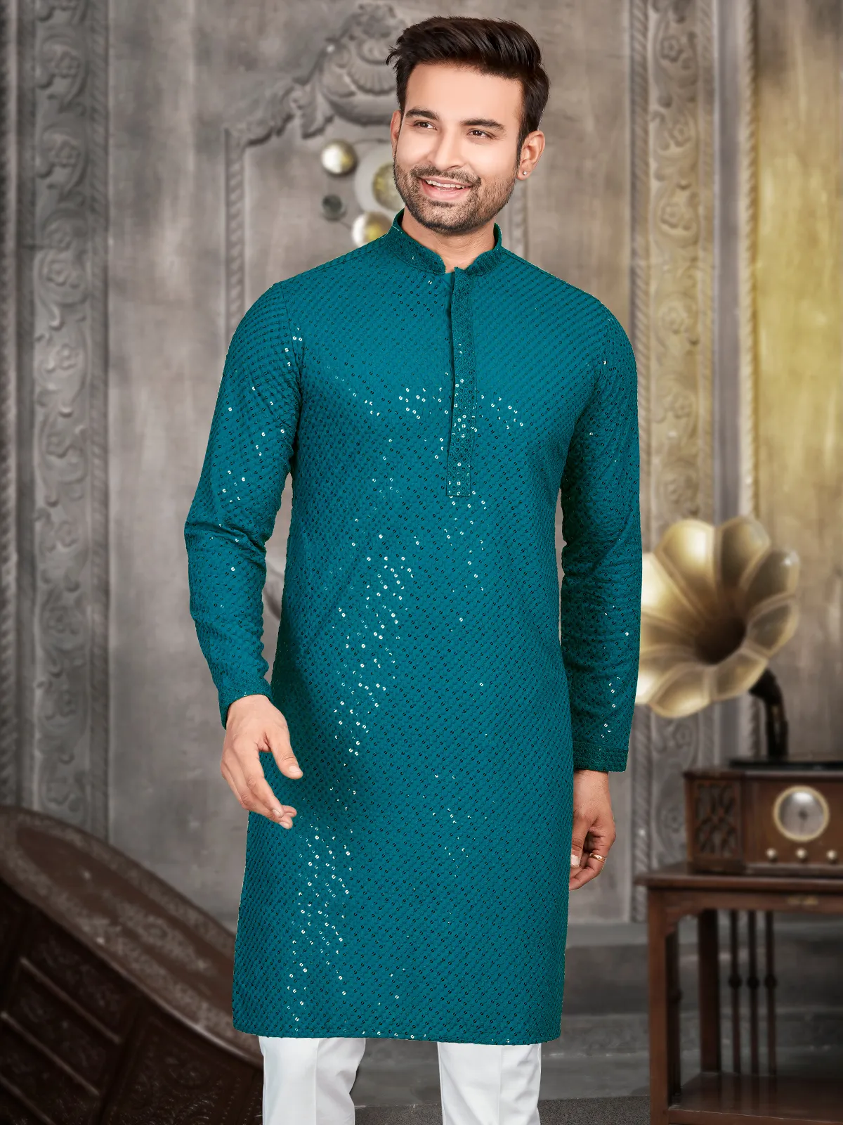 Latest rama blue embroidery kurta