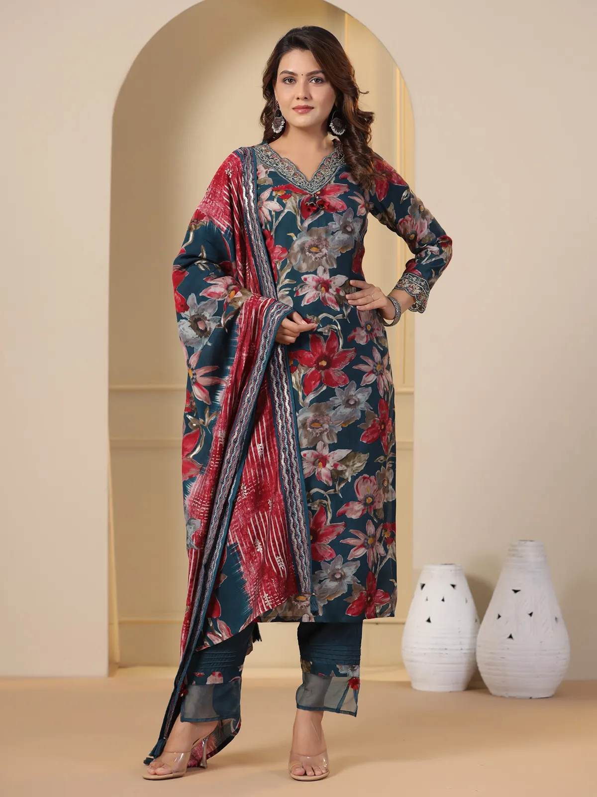 Latest rama blue printed kurti set