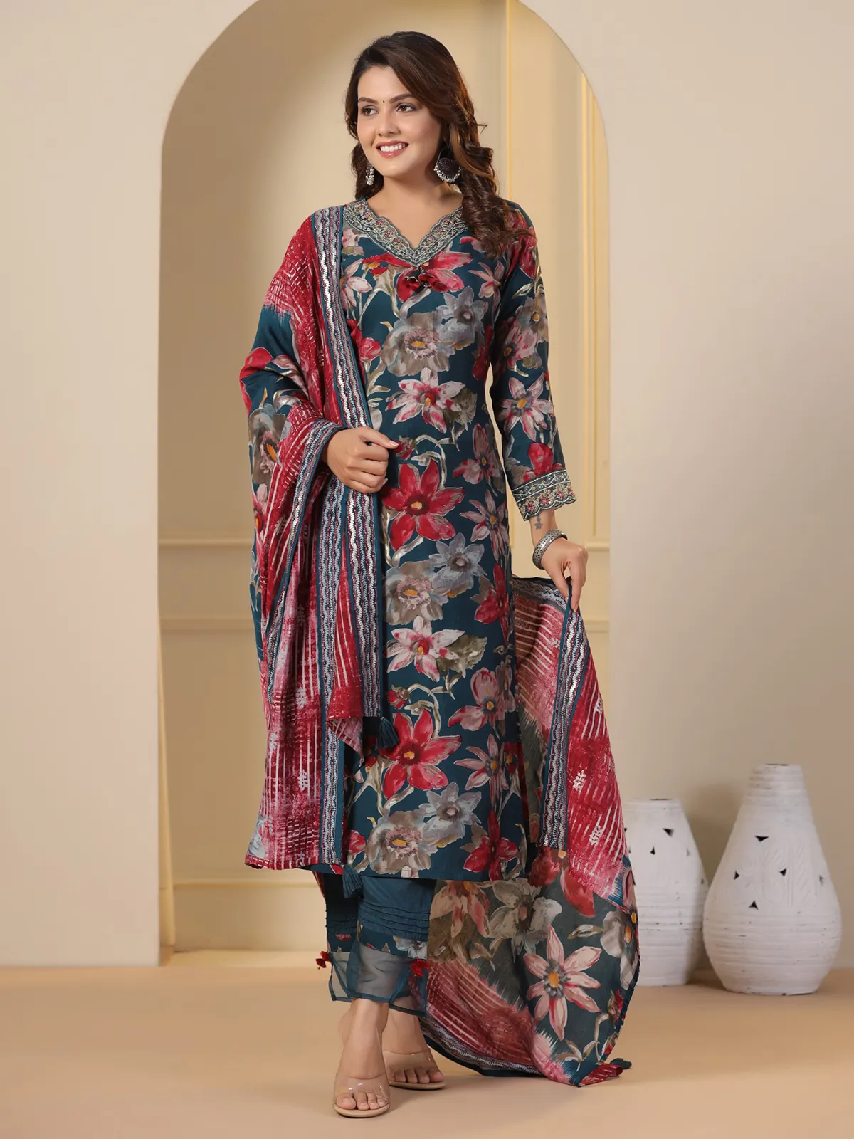 Latest rama blue printed kurti set