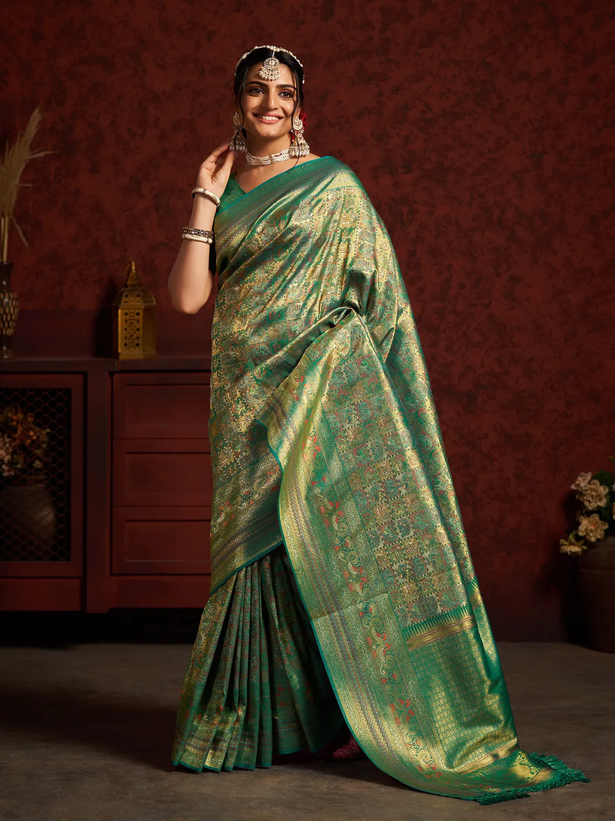 Latest rama green zari weaving saree