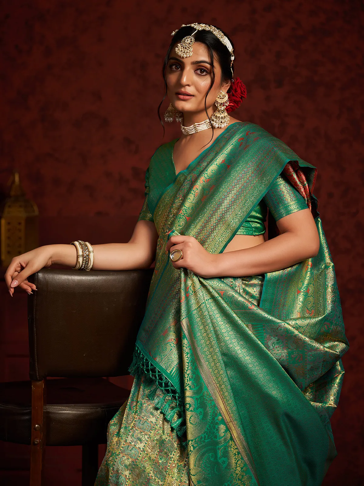 Latest rama green zari weaving saree