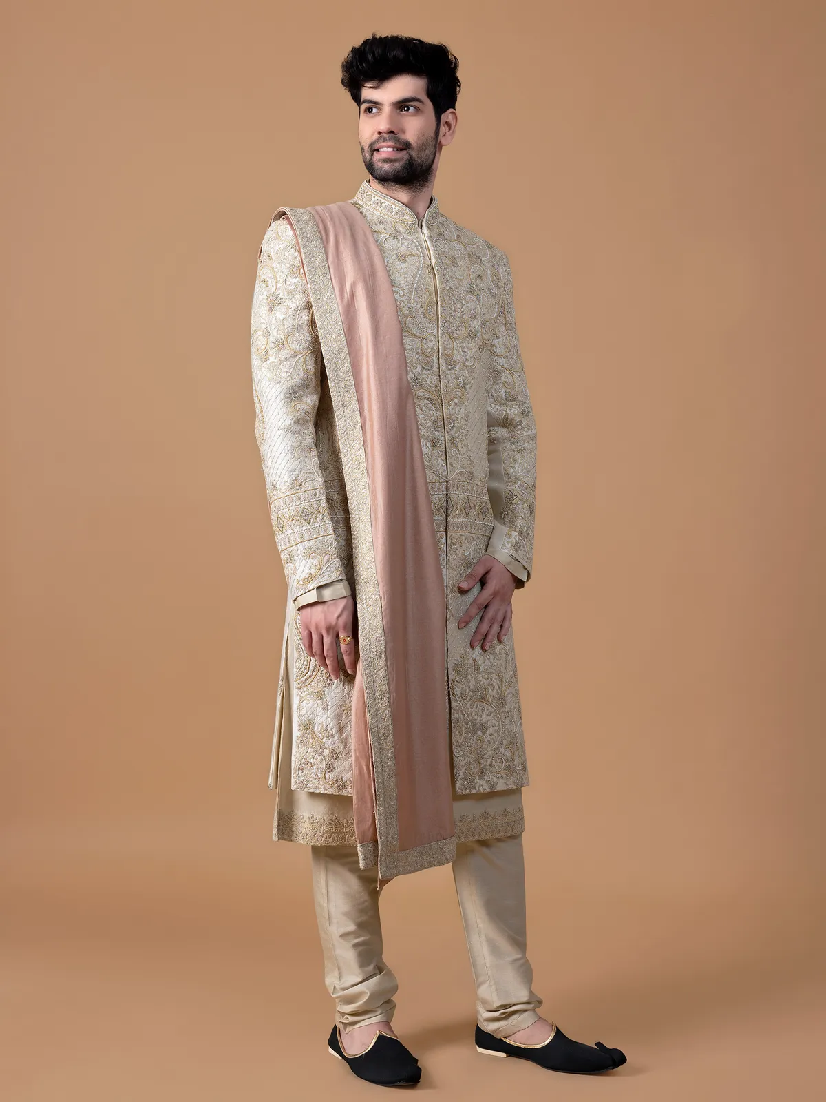 Latest raw silk cream groom sherwani