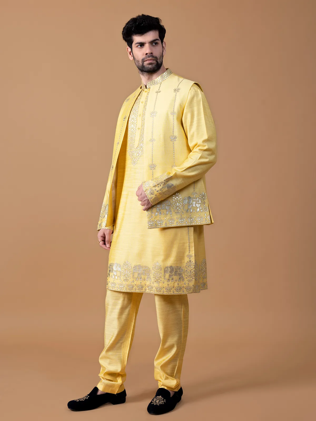 Latest raw silk yellow waistcoat set