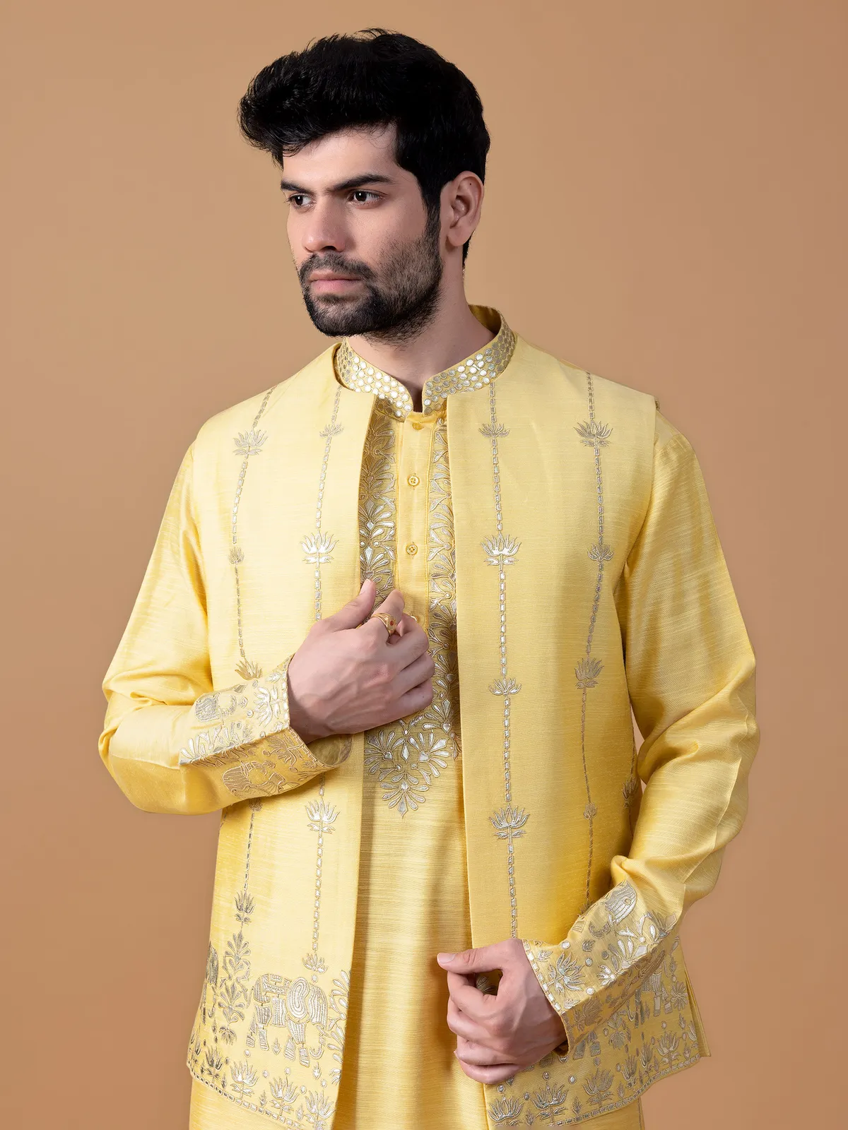 Latest raw silk yellow waistcoat set