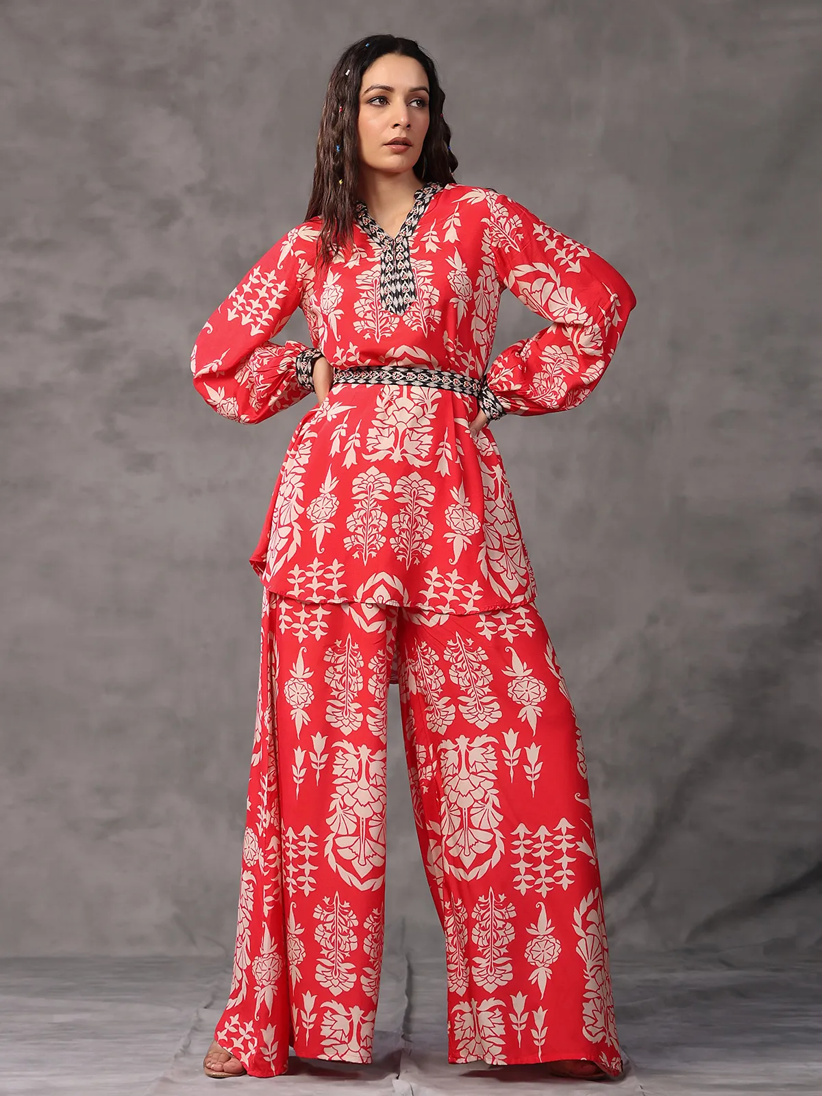 Latest red printed co ord set