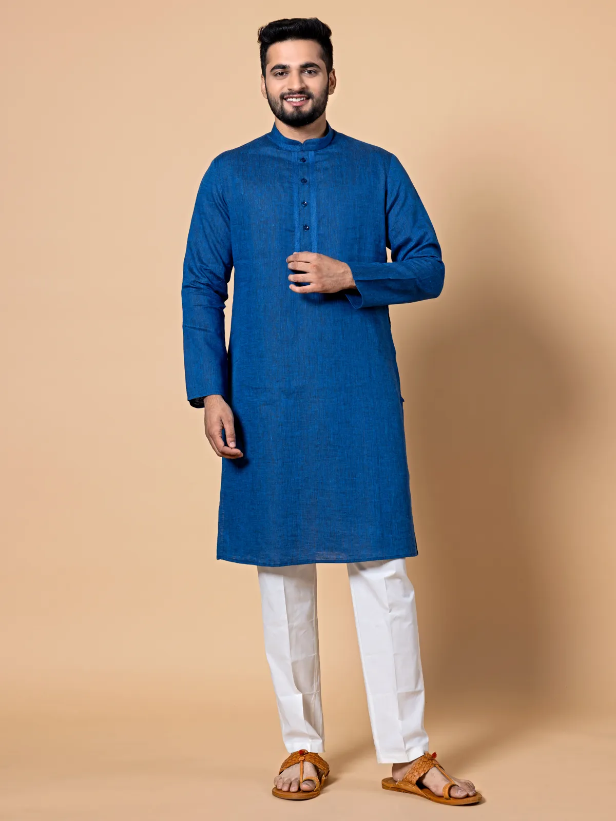 Latest royal blue plain linen kurta suit