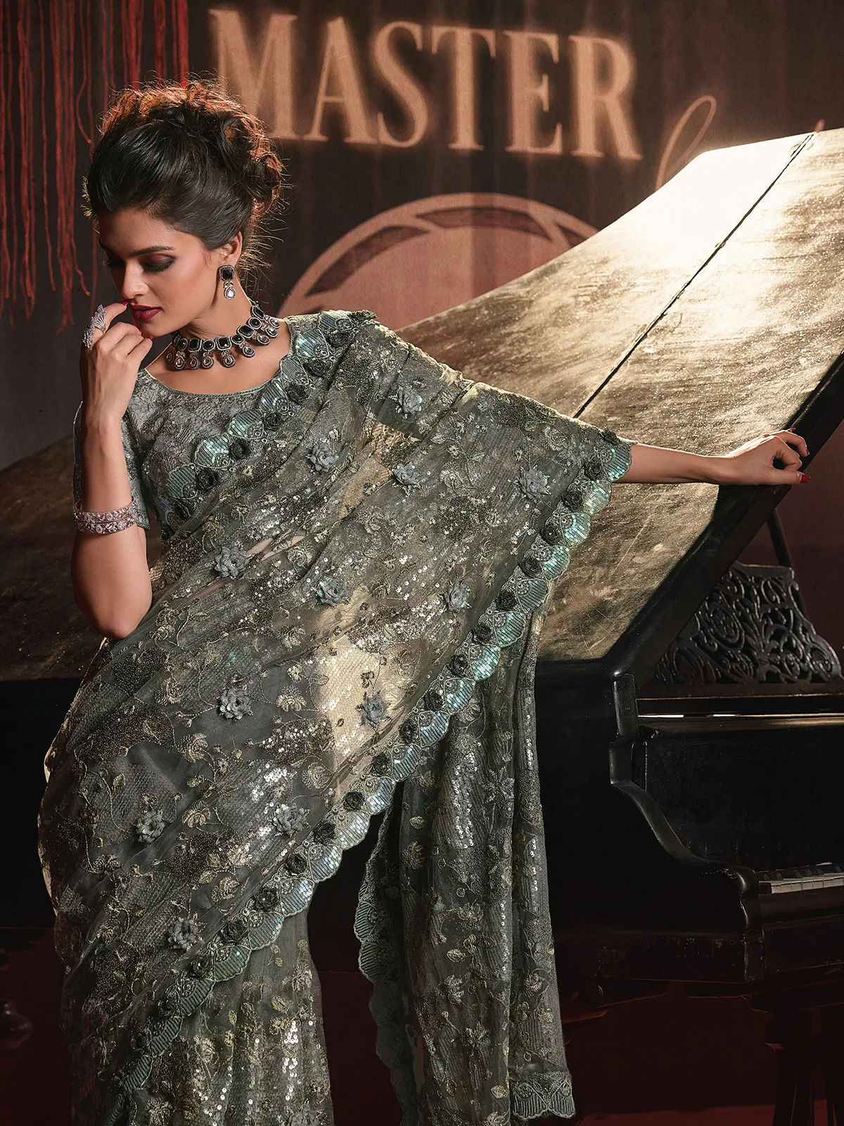 Latest sage green net saree